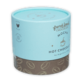 French Broad Mocha Hot Chocolate in light blue cylinder with coffee beans