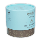 French Broad Mocha Hot Chocolate in light blue cylinder with coffee beans