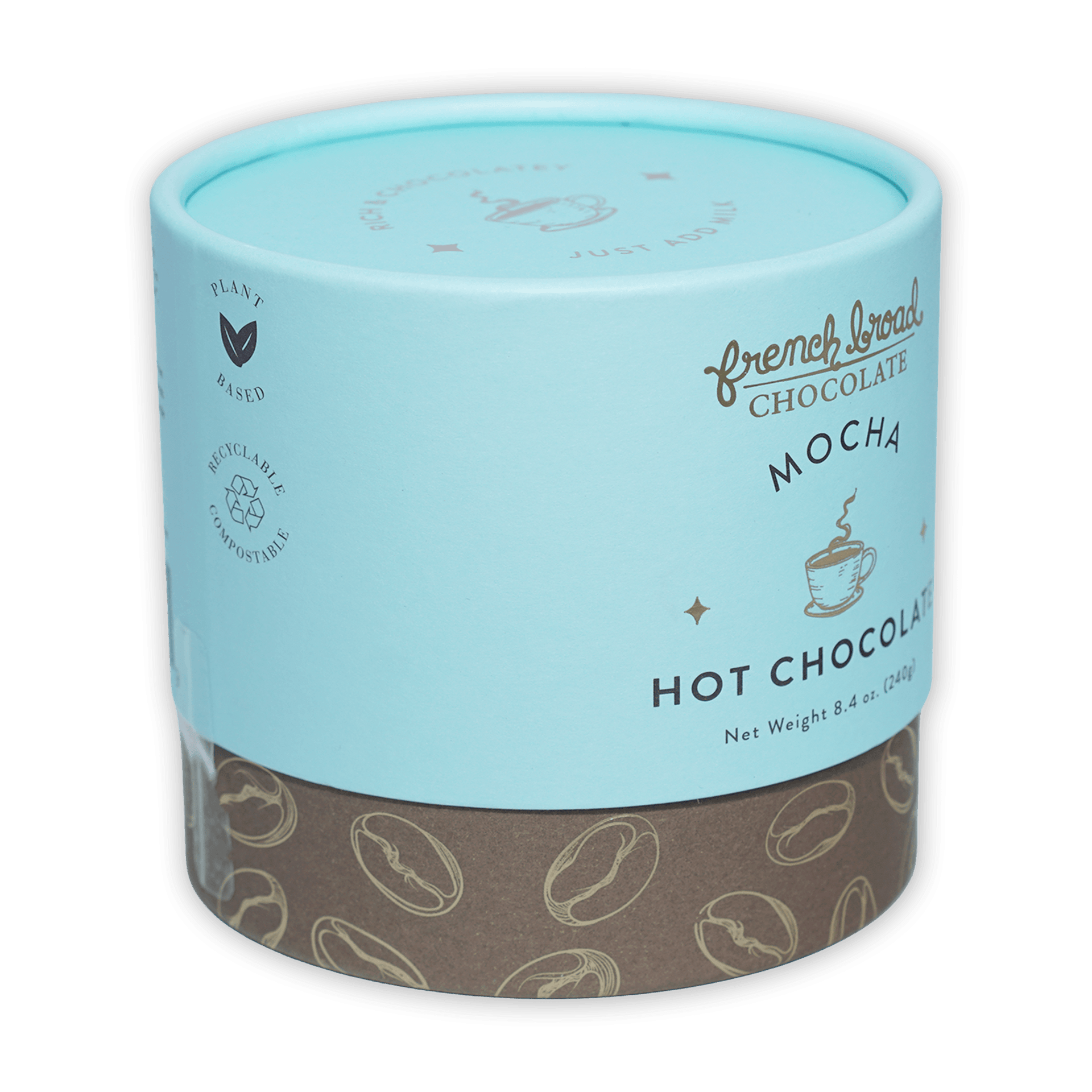 French Broad Mocha Hot Chocolate in light blue cylinder with coffee beans