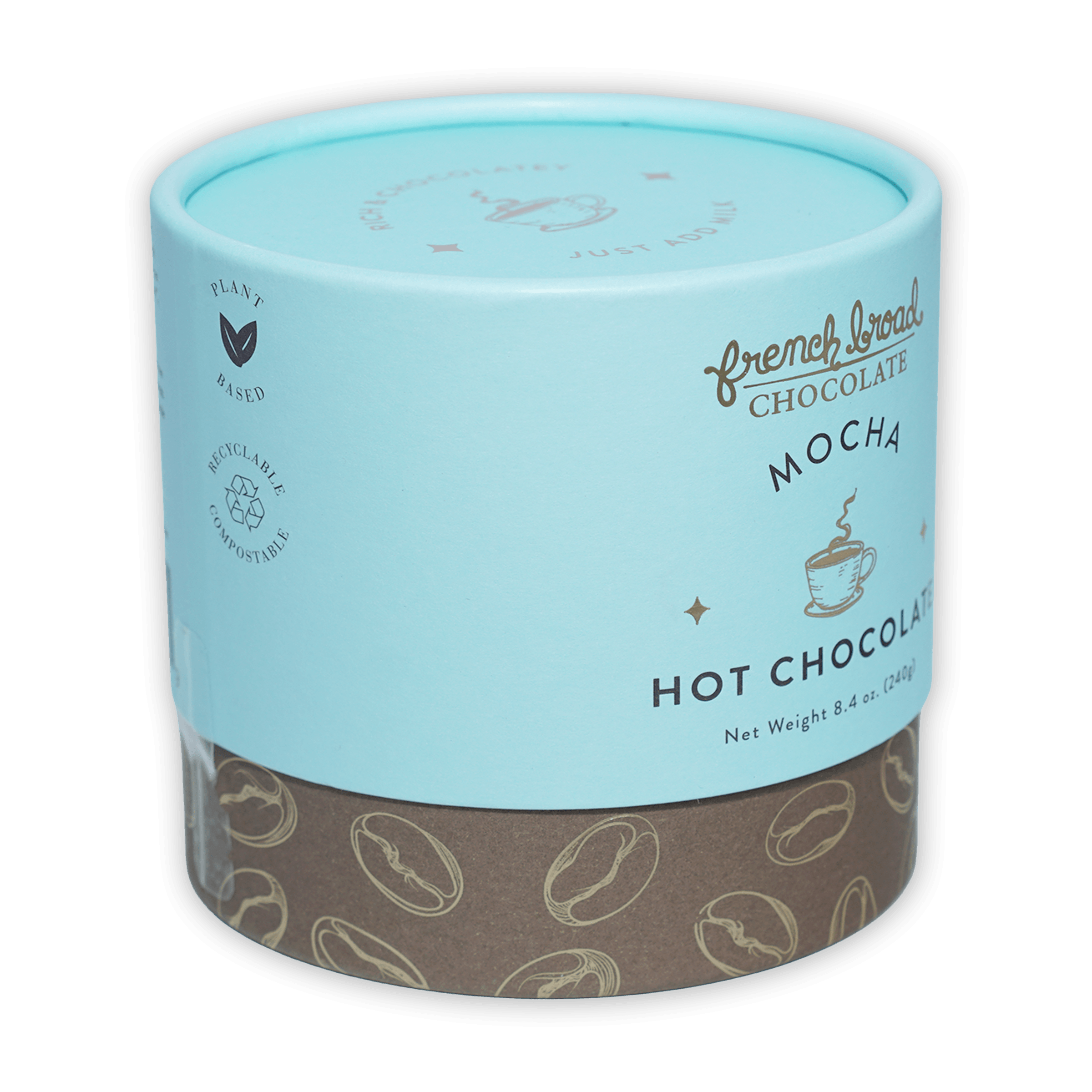French Broad Mocha Hot Chocolate in light blue cylinder with coffee beans