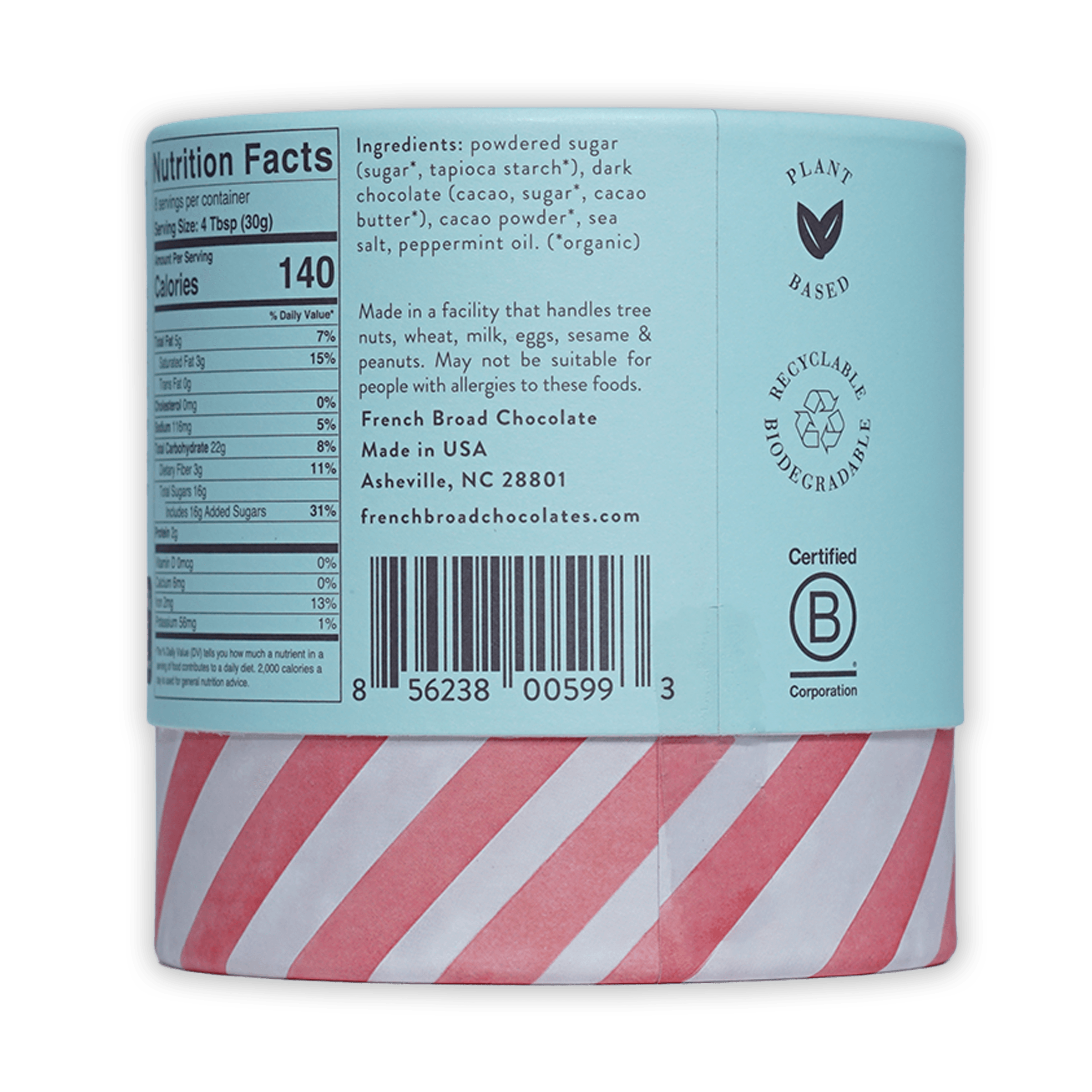 French Broad Peppermint Hot Chocolate in light blue cylinder with red white stripes