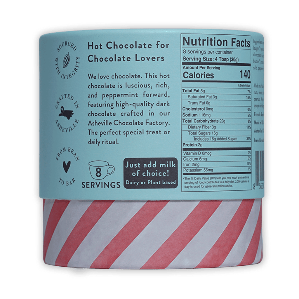 French Broad Peppermint Hot Chocolate: cylindrical can with light blue label and red-white striped base