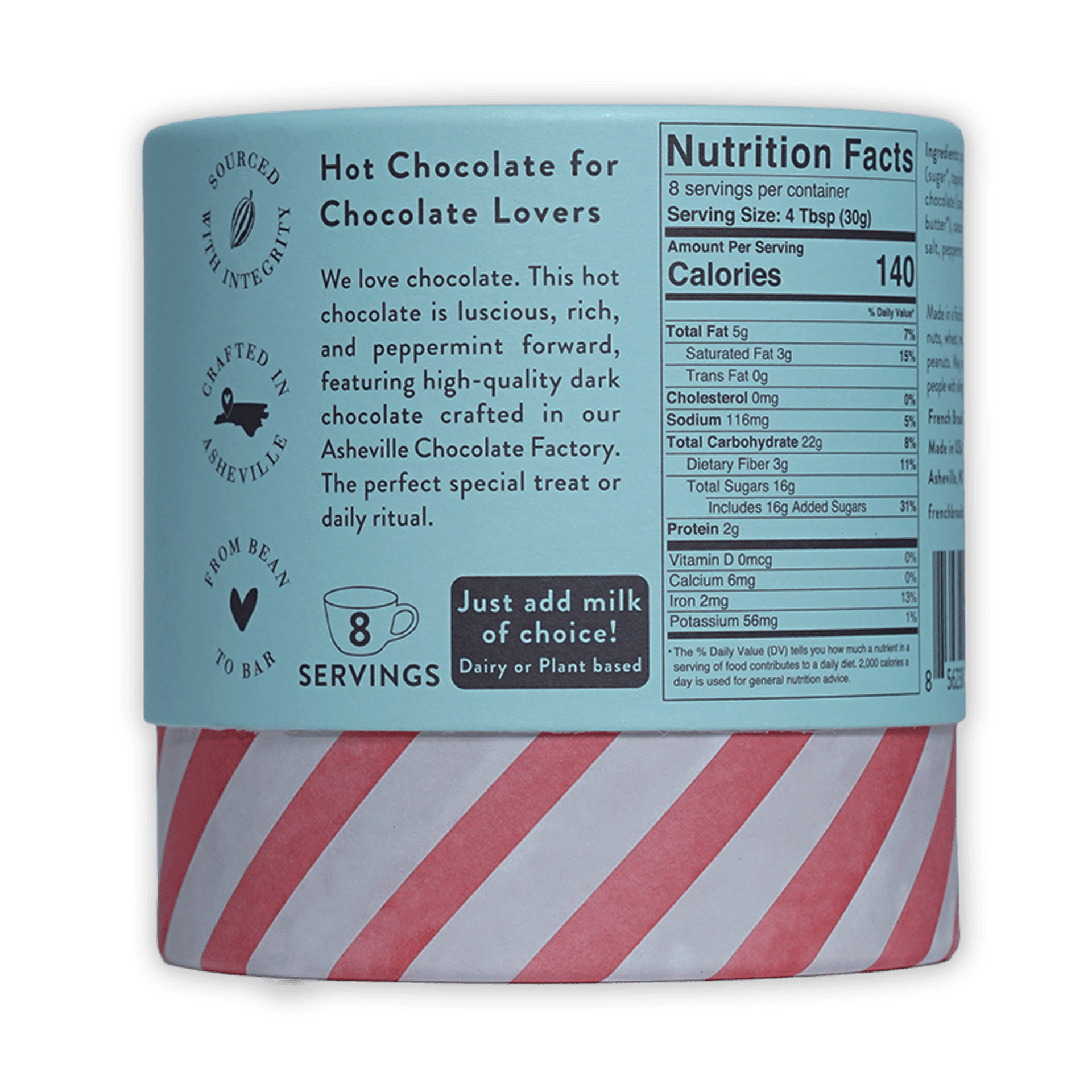 French Broad Peppermint Hot Chocolate: cylindrical can with light blue label and red-white striped base