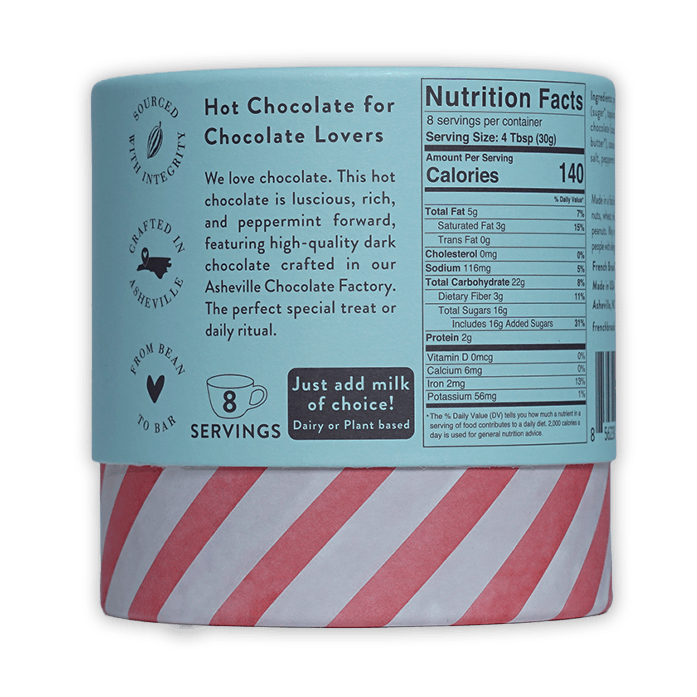 French Broad Peppermint Hot Chocolate: cylindrical can with light blue label and red-white striped base