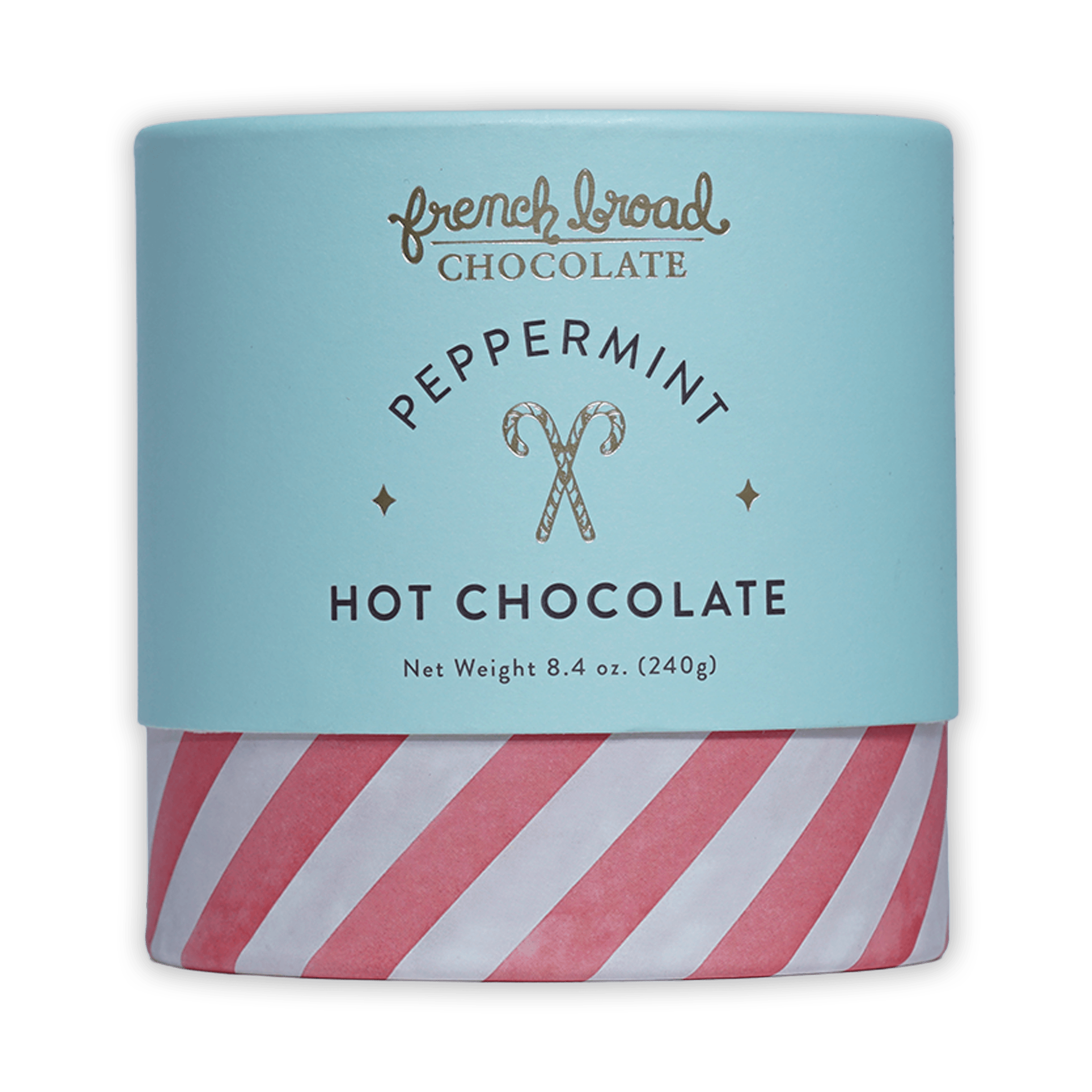 French Broad Peppermint Hot Chocolate in light blue striped canister