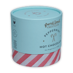 French Broad peppermint hot chocolate in mint green red-striped cylinder