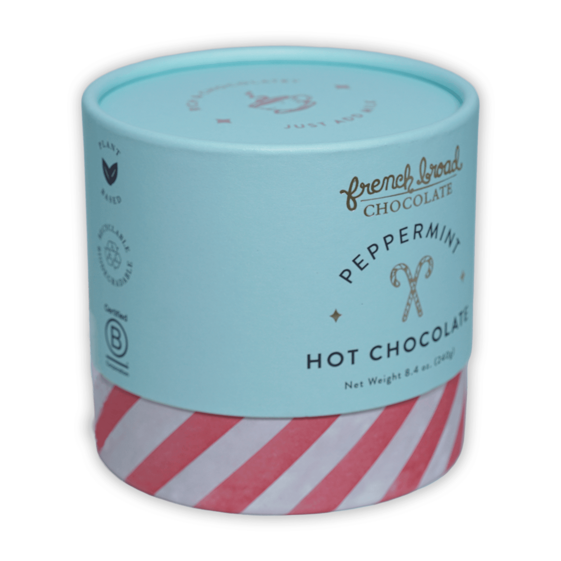 French Broad peppermint hot chocolate in mint green red-striped cylinder