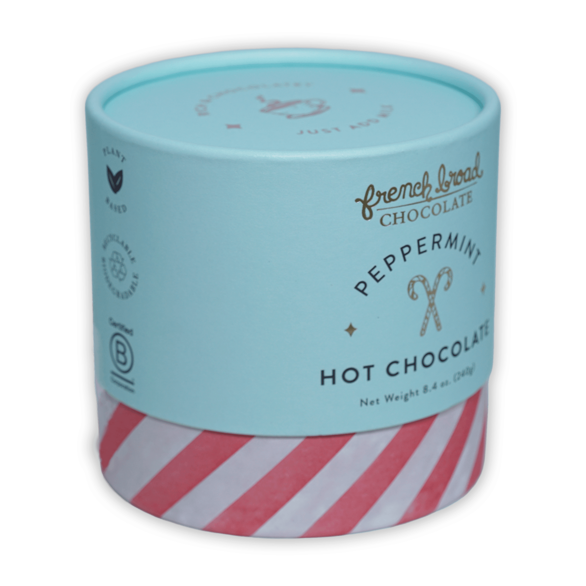 French Broad peppermint hot chocolate in mint green red-striped cylinder