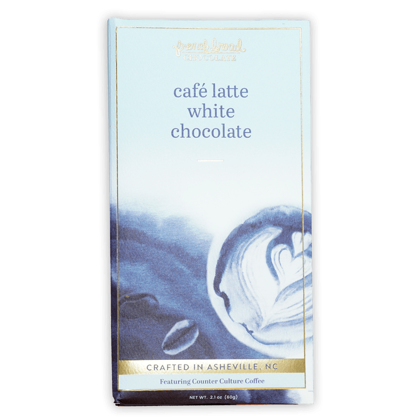 French Broad White Chocolate Cafe Latte bar in blue gold packaging