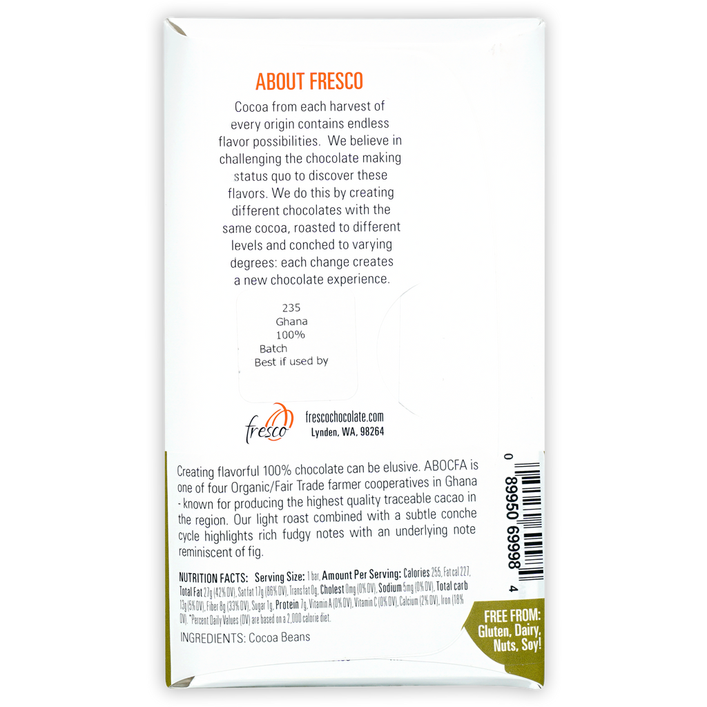 Fresco Ghana 100% white rectangular chocolate bar wrapper with orange and green text and logo
