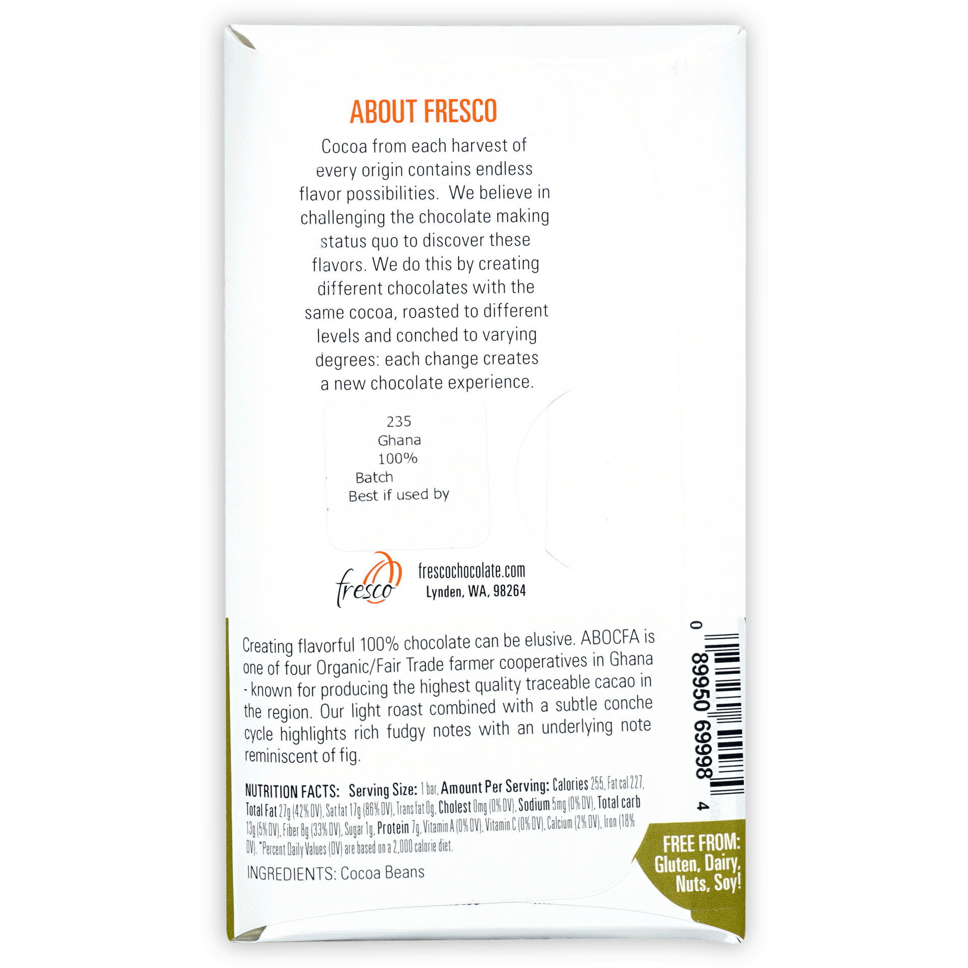 Fresco Ghana 100% white rectangular chocolate bar wrapper with orange and green text and logo