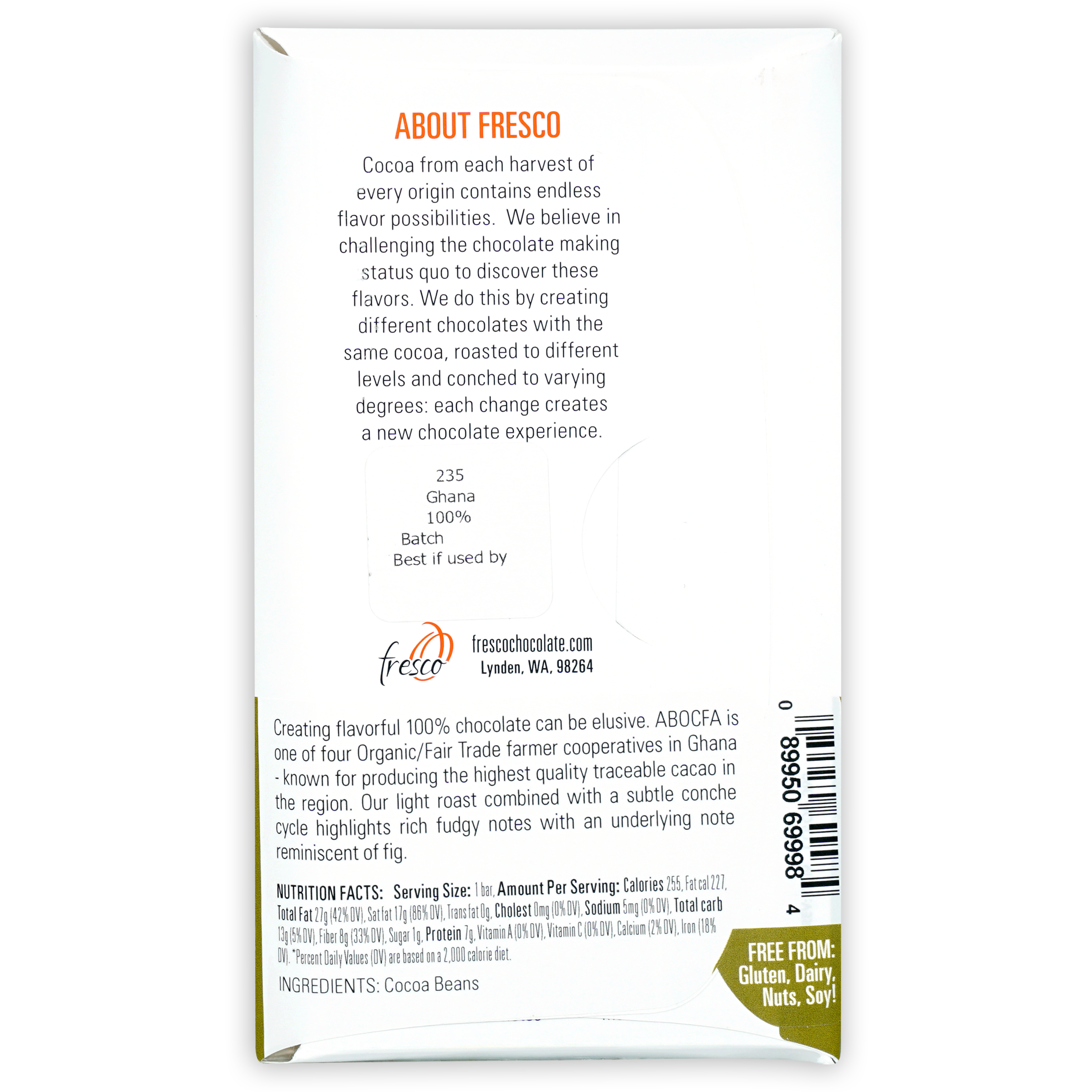 Fresco Ghana 100% white rectangular chocolate bar wrapper with orange and green text and logo