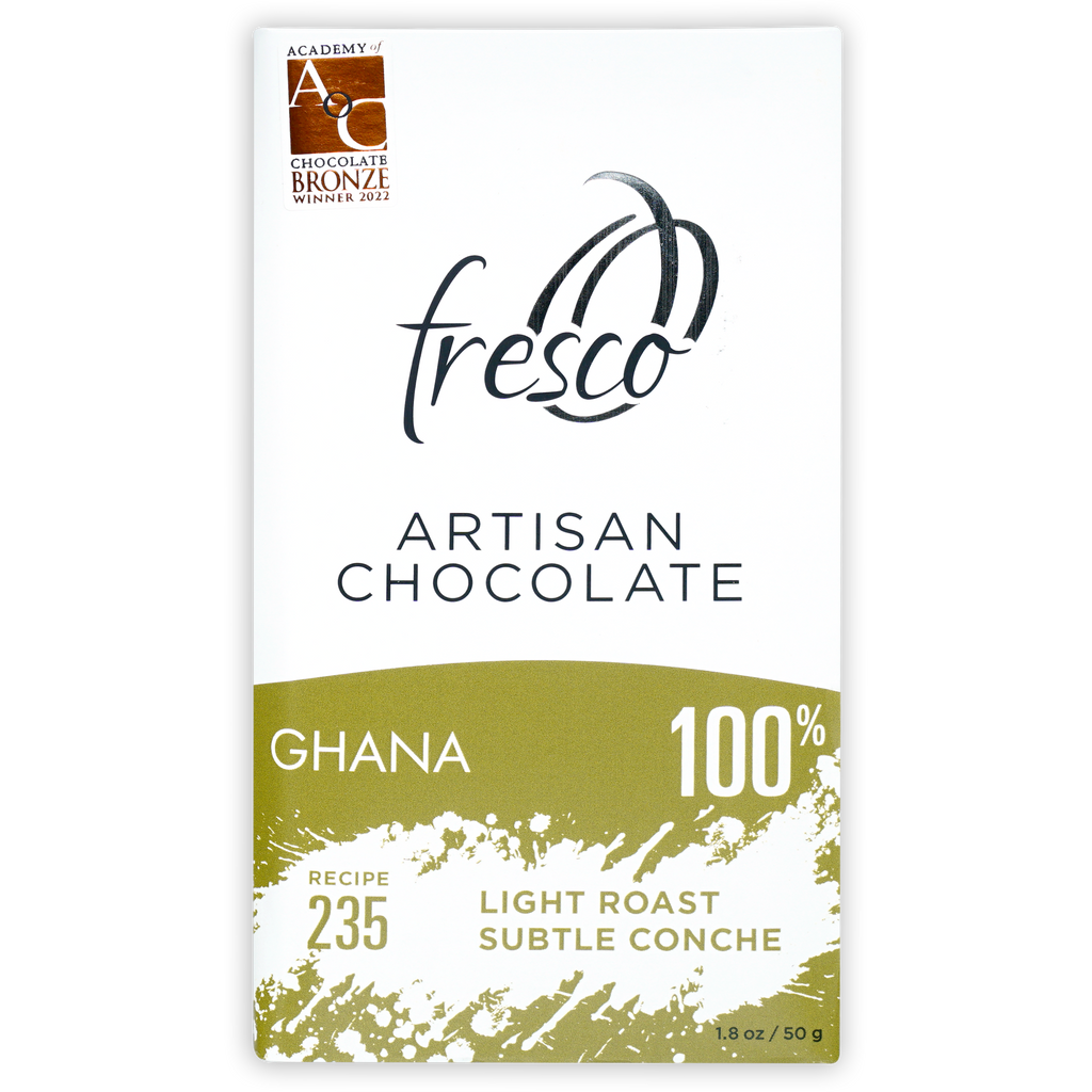 Fresco Ghana 100% light roast chocolate bar in olive green wrapper