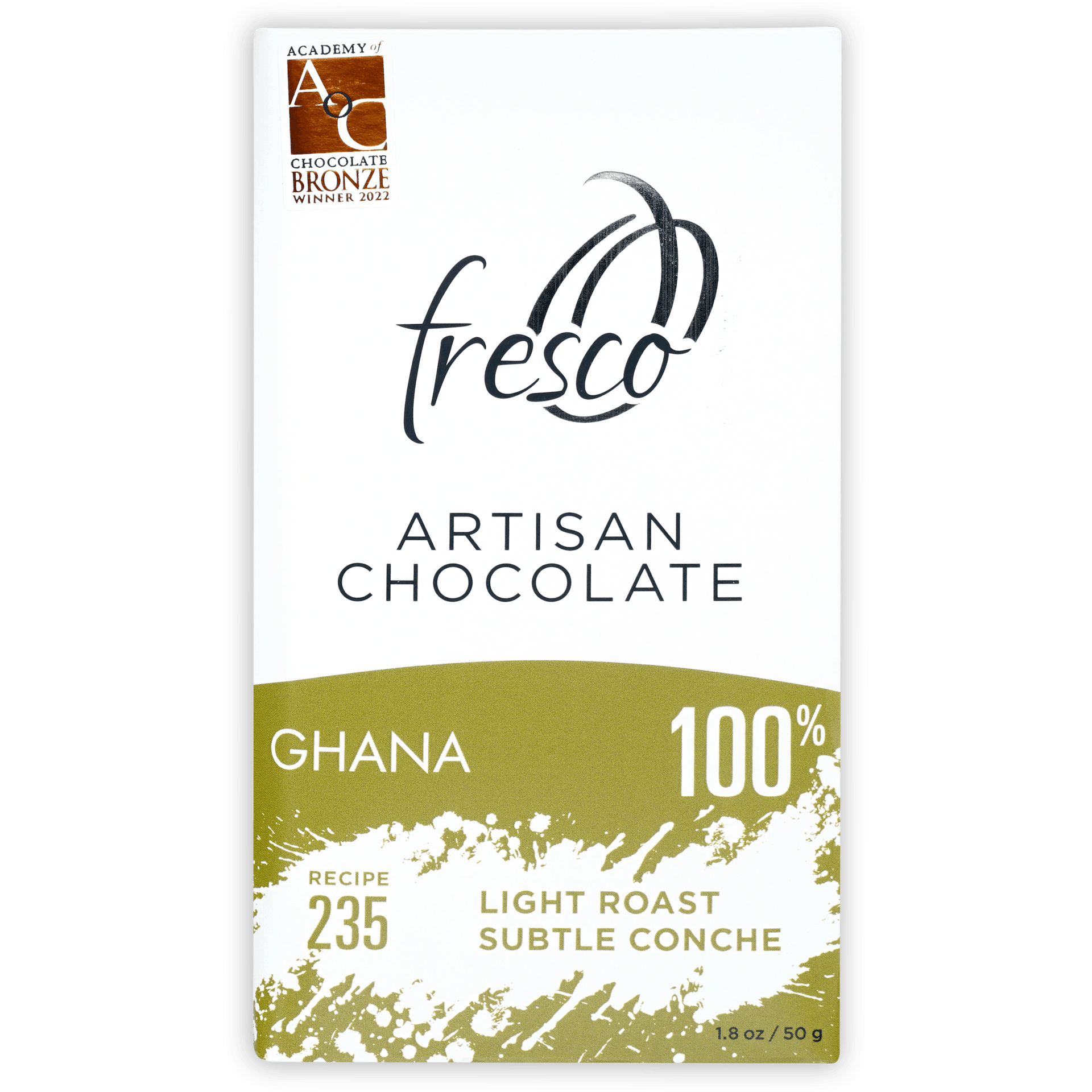 Fresco Ghana 100% light roast chocolate bar in olive green wrapper