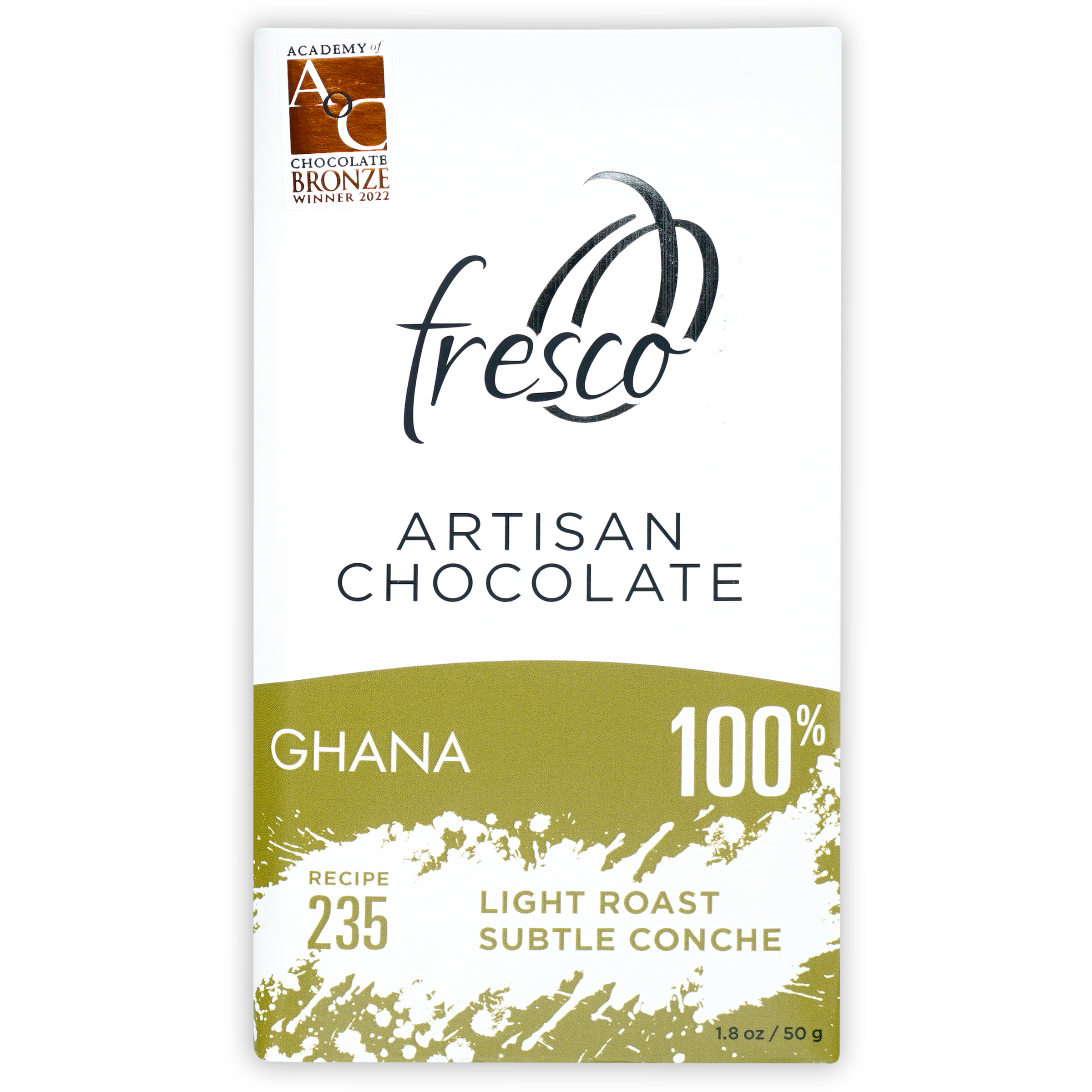 Fresco Ghana 100% light roast chocolate bar in olive green wrapper