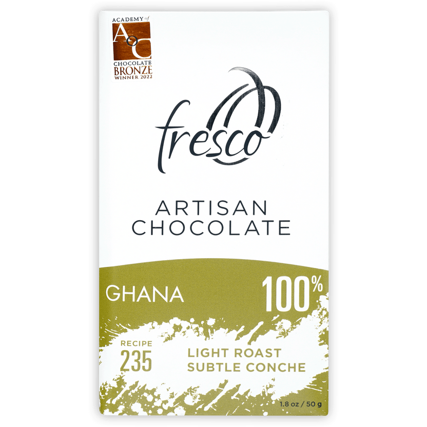 Fresco Ghana 100% light roast chocolate bar in olive green wrapper