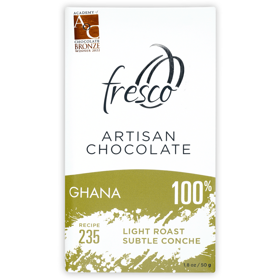 Fresco Ghana 100% light roast chocolate bar in olive green wrapper