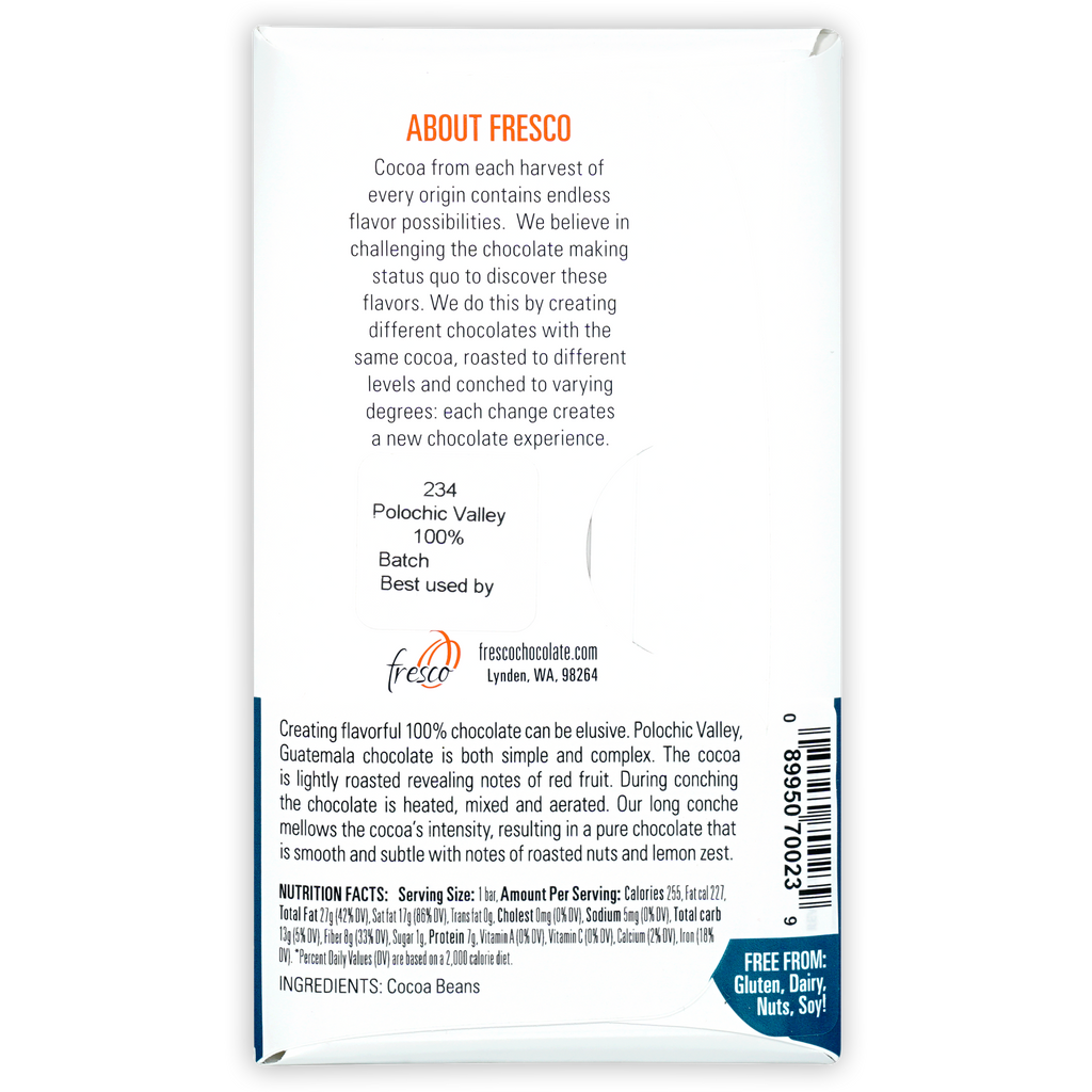 Fresco Polochic Valley Guatemala 100% cocoa chocolate bar wrapper