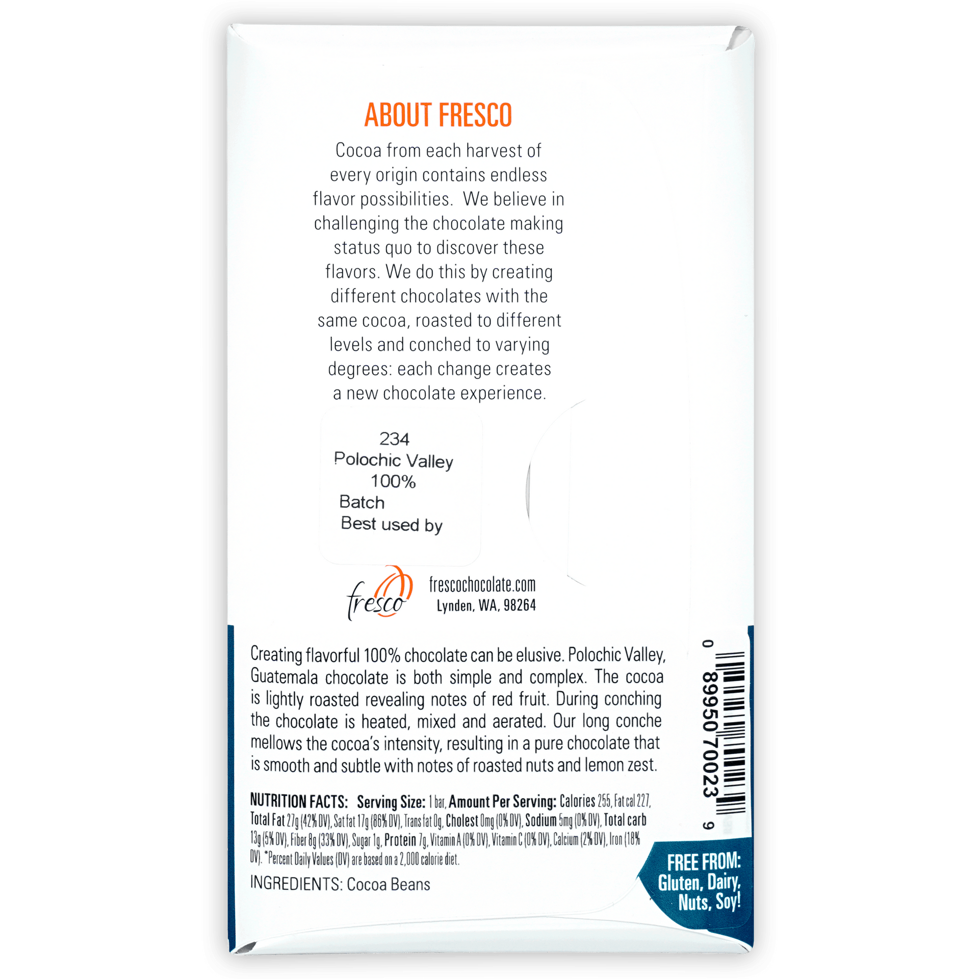 Fresco Polochic Valley Guatemala 100% cocoa chocolate bar wrapper