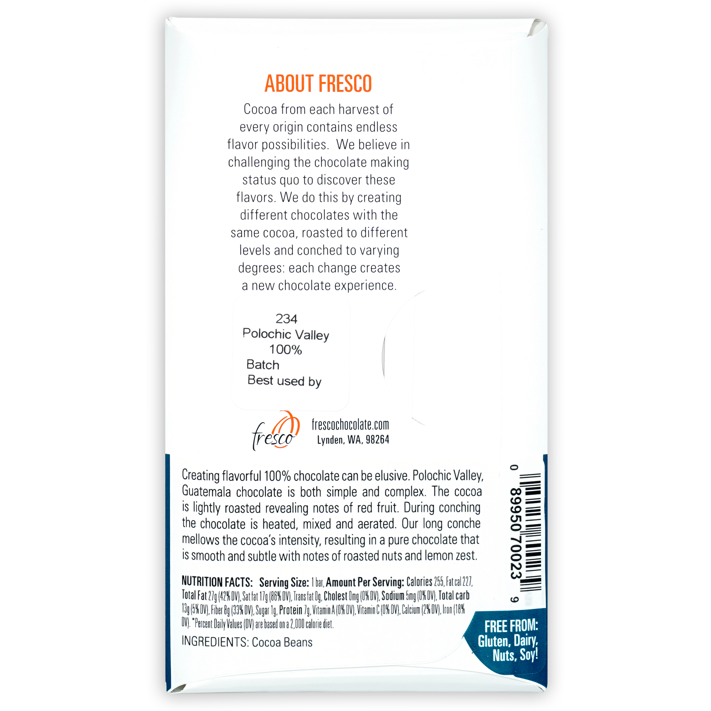 Fresco Polochic Valley Guatemala 100% cocoa chocolate bar wrapper