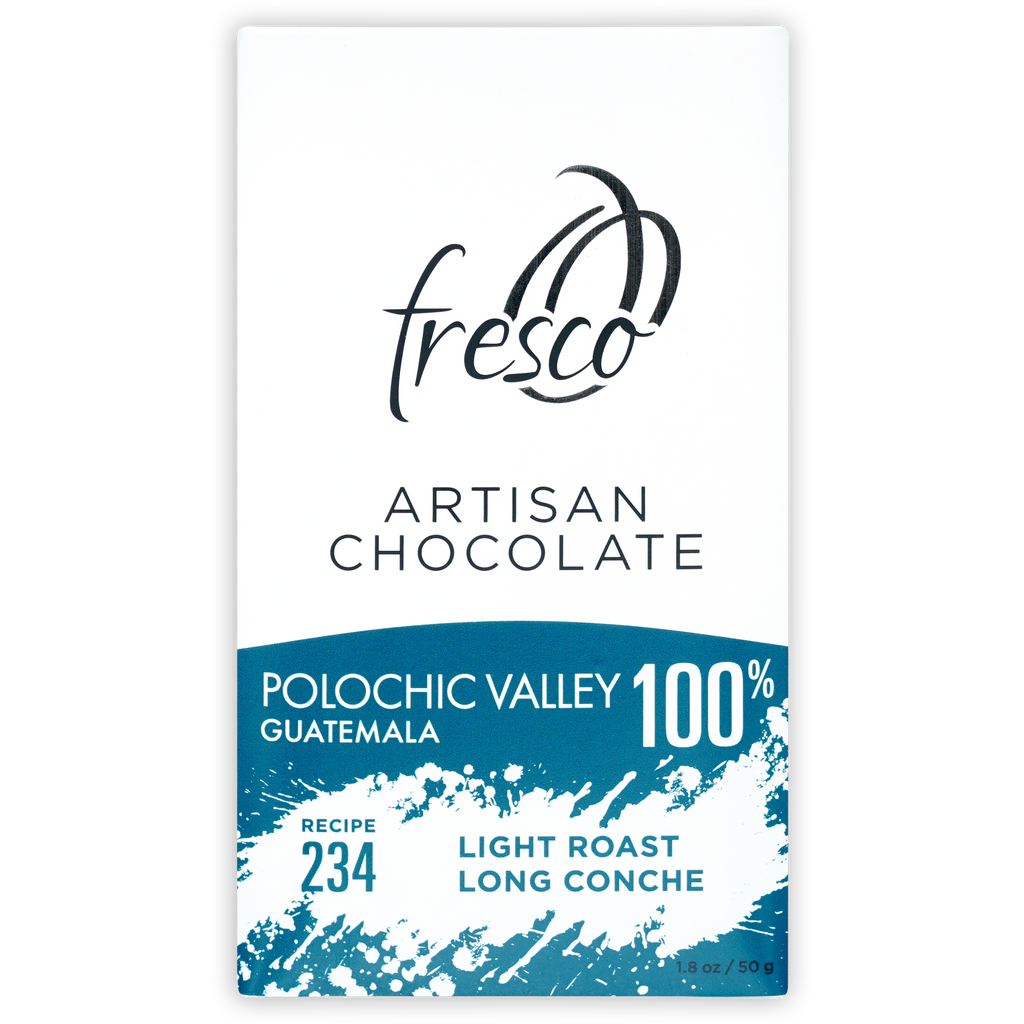 Fresco Polochic Valley Guatemala 100% chocolate bar in teal wrapper