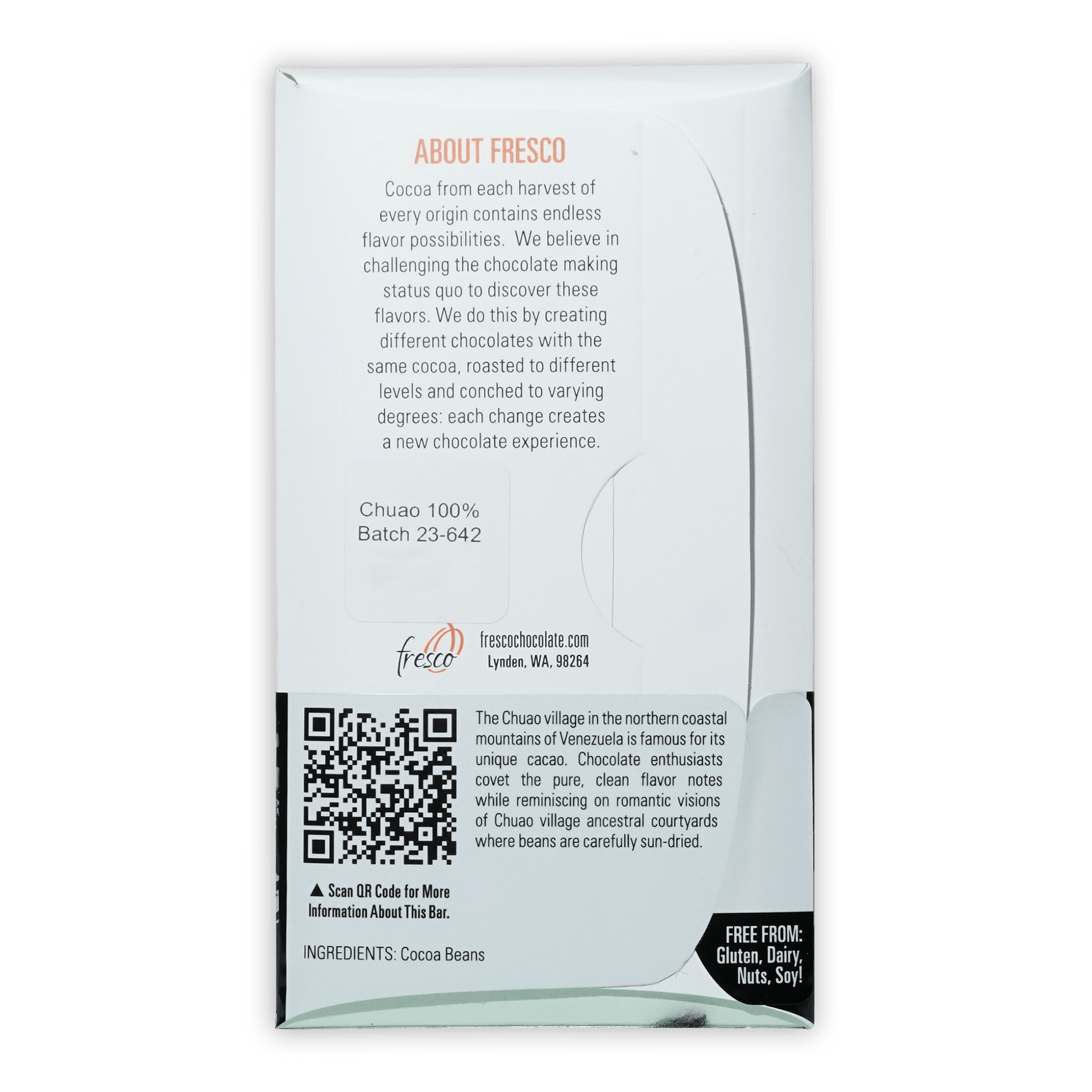 Fresco Venezuela Chuao Light Roast 100% chocolate bar wrapper with QR code