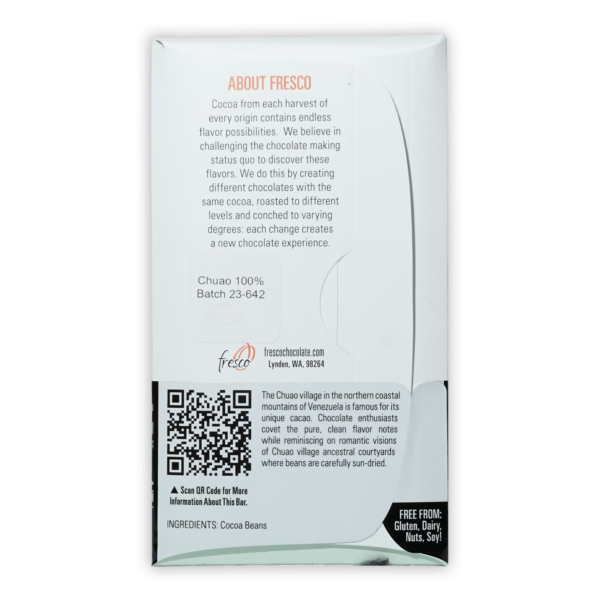 Fresco Venezuela Chuao Light Roast 100% chocolate bar wrapper with QR code