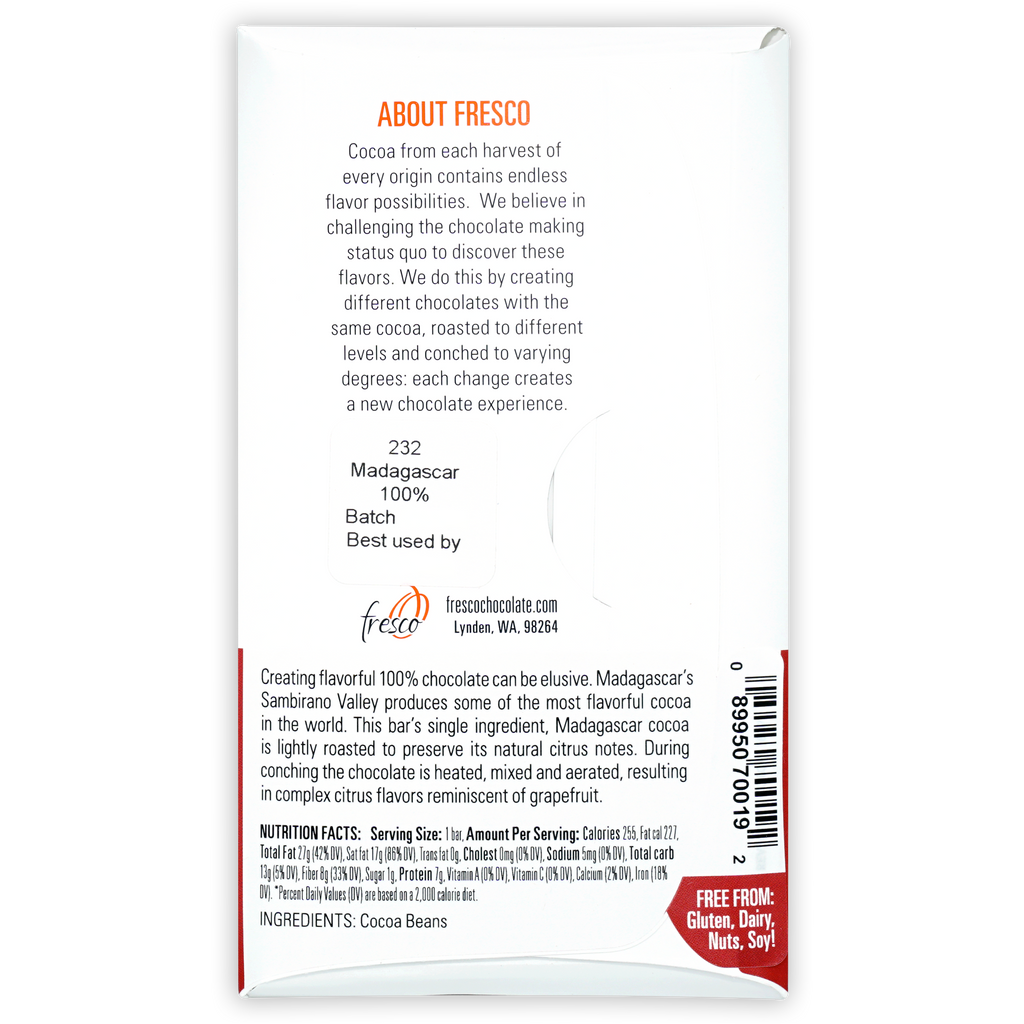 Fresco Madagascar 100% cocoa bar in white red package with orange text