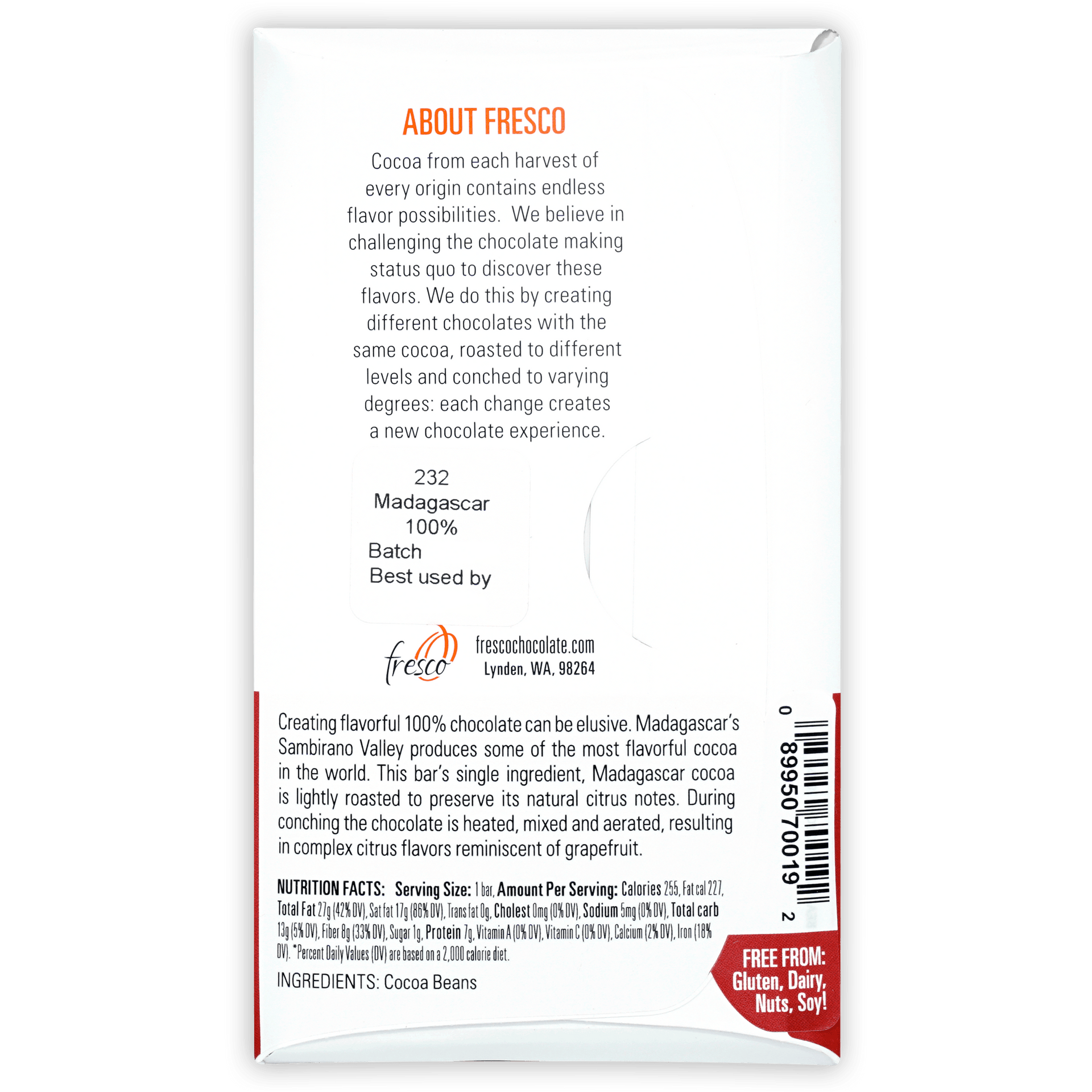 Fresco Madagascar 100% cocoa bar in white red package with orange text
