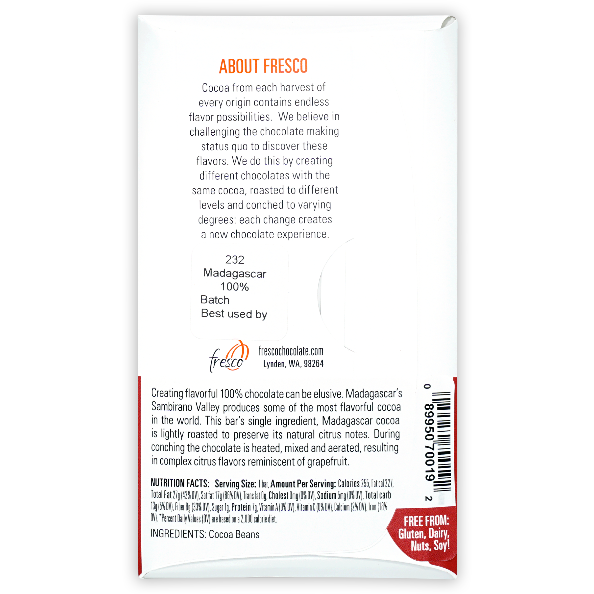 Fresco Madagascar 100% cocoa bar in white red package with orange text