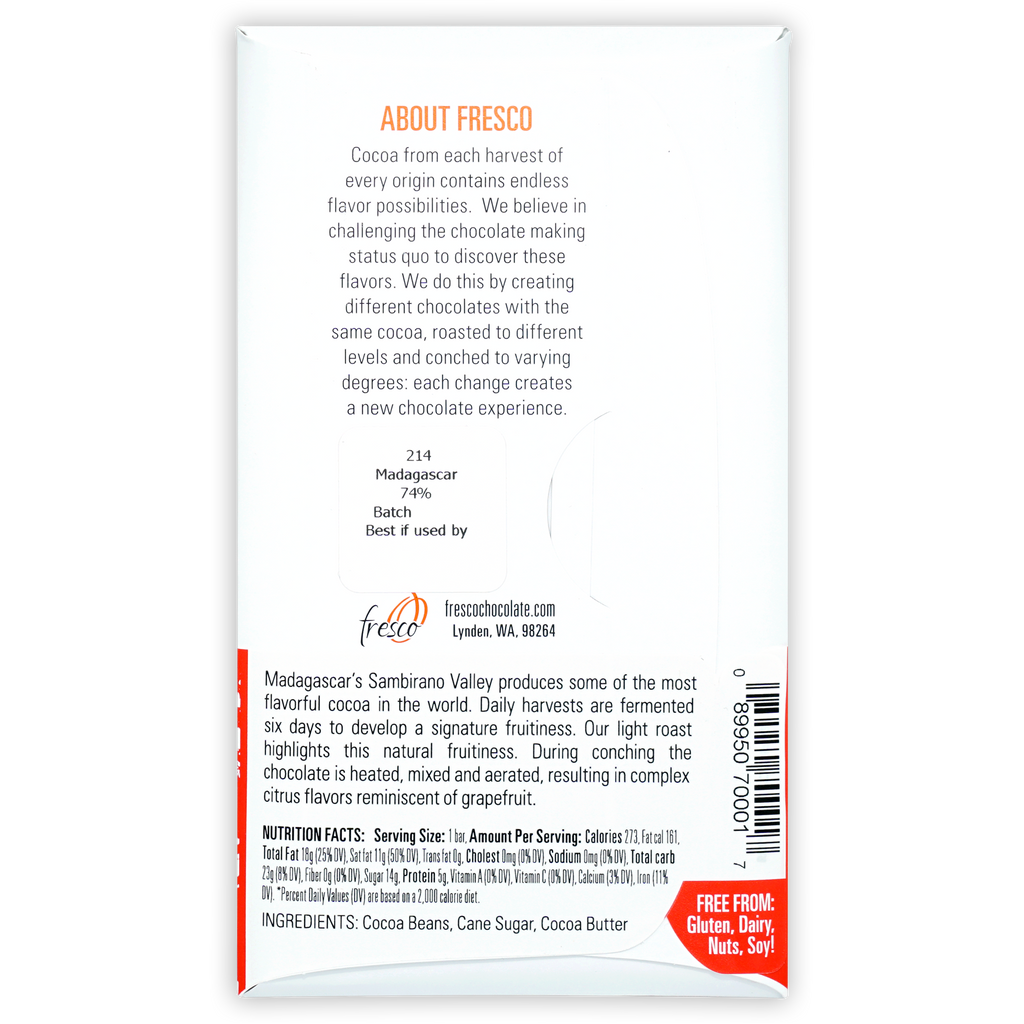 Fresco Madagascar Light Roast 74% chocolate bar wrapper