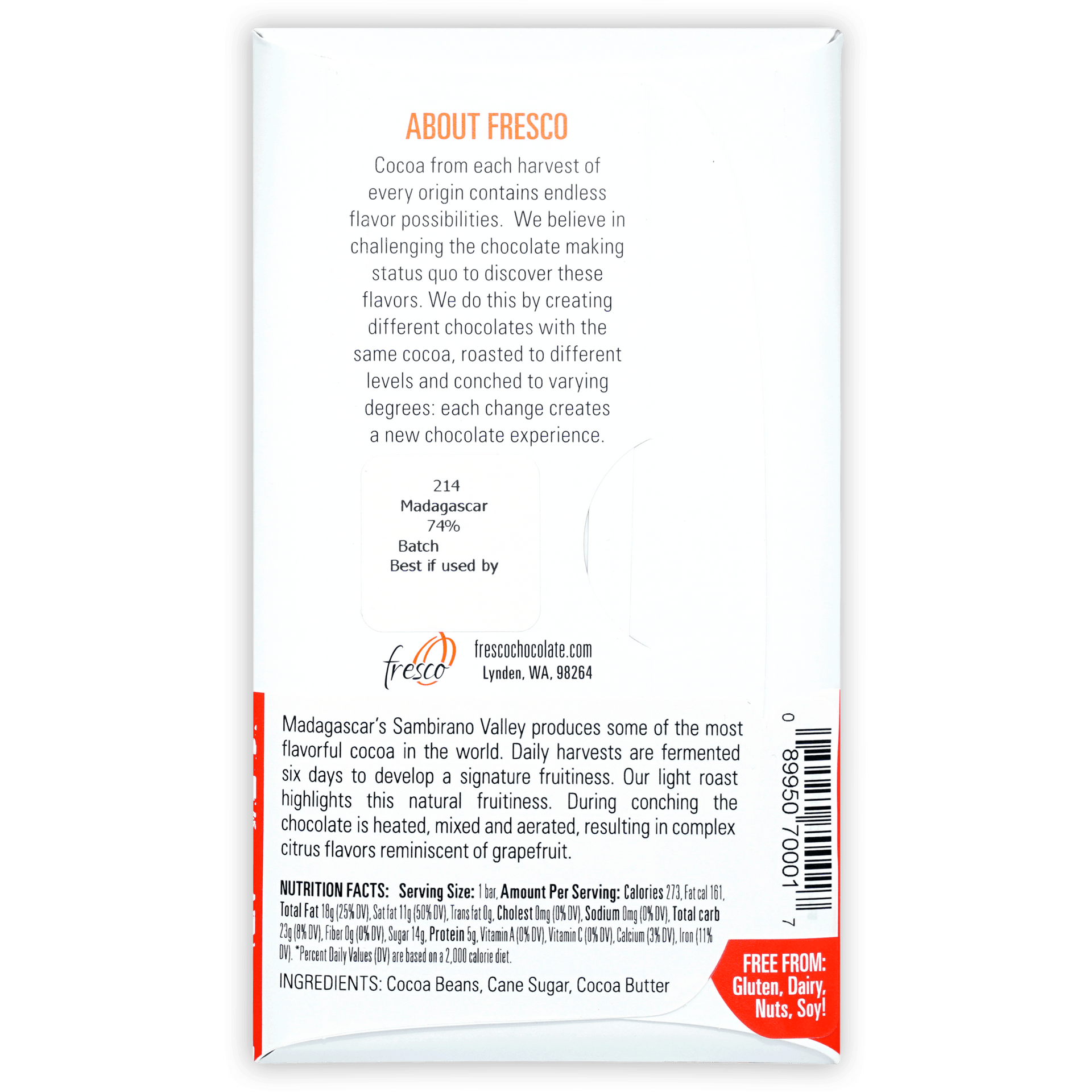 Fresco Madagascar Light Roast 74% chocolate bar wrapper