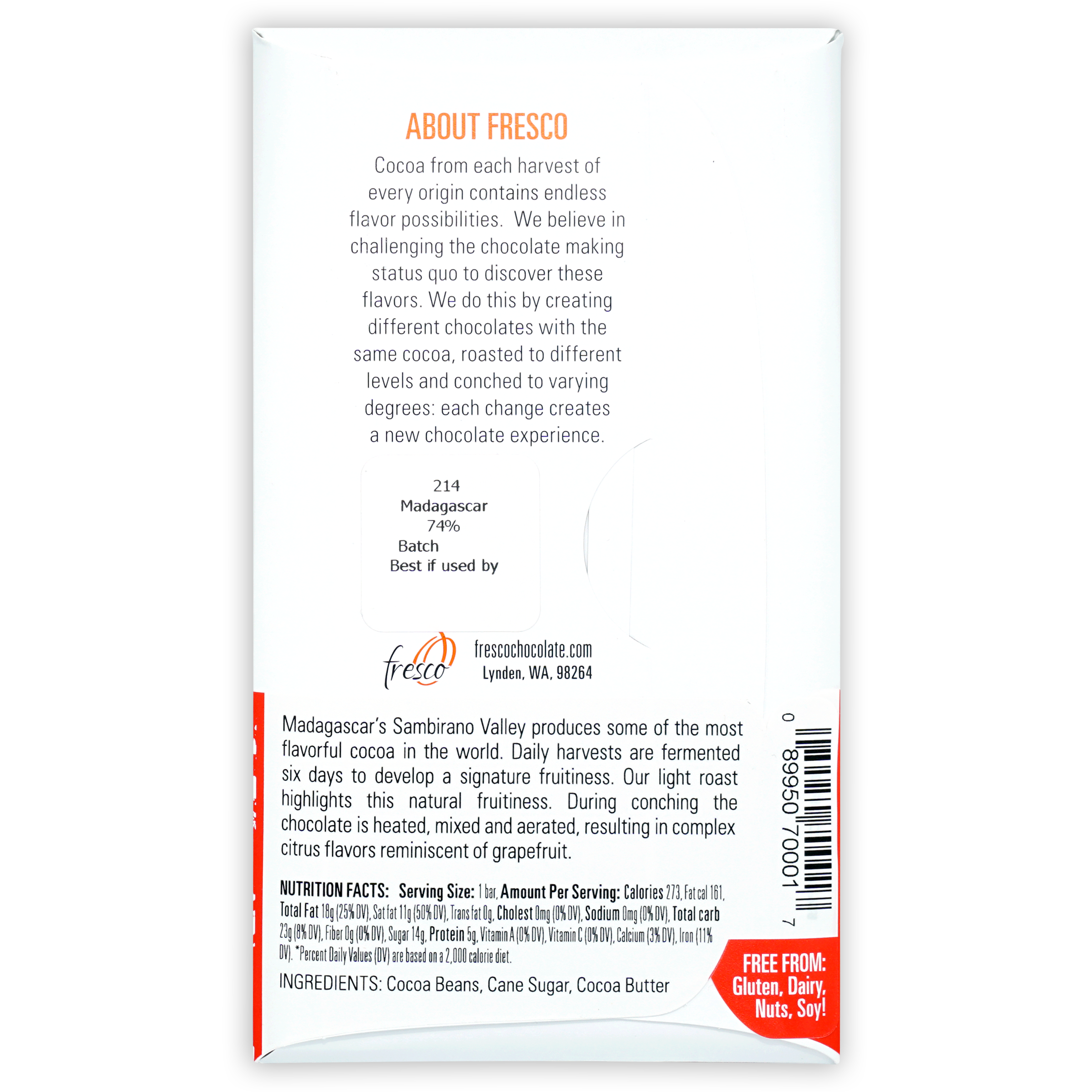 Fresco Madagascar Light Roast 74% chocolate bar wrapper