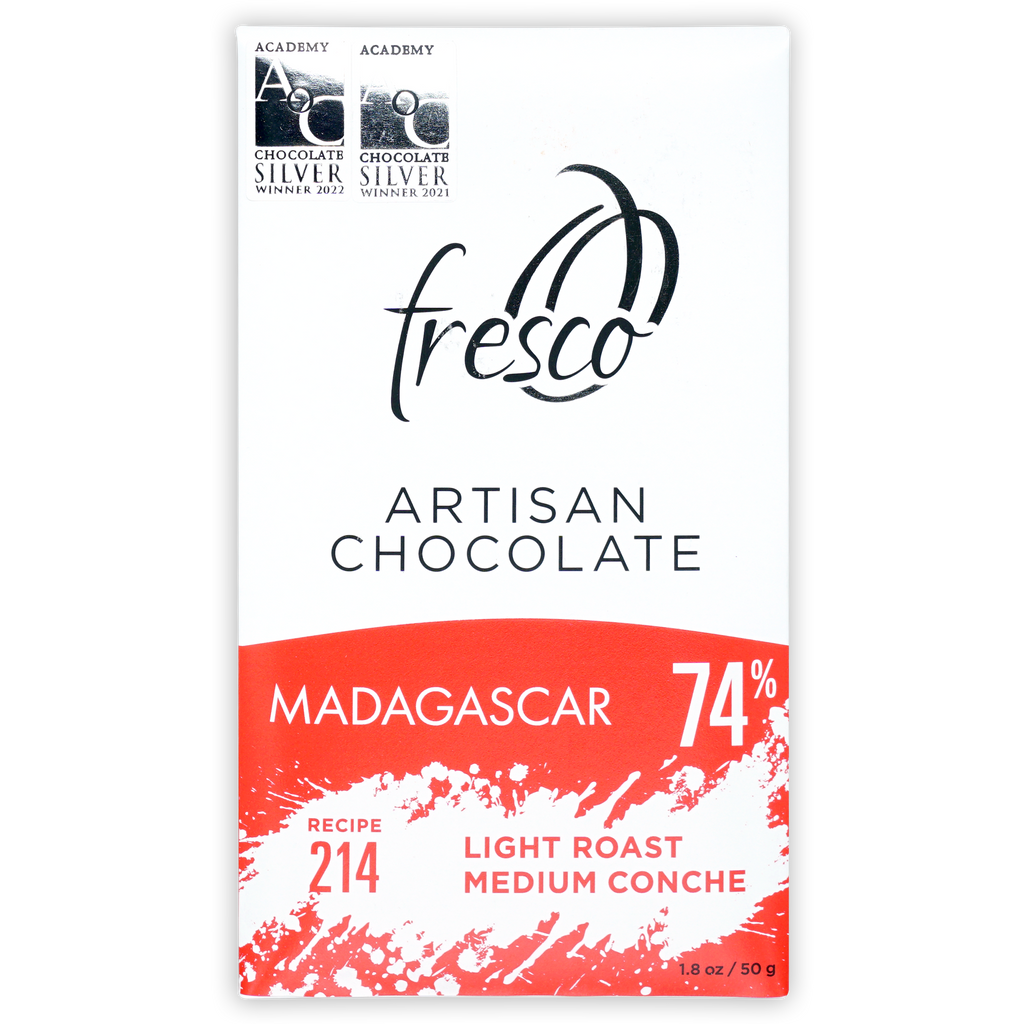 Fresco Madagascar Light Roast 74% dark chocolate bar with Academy silver winner logo