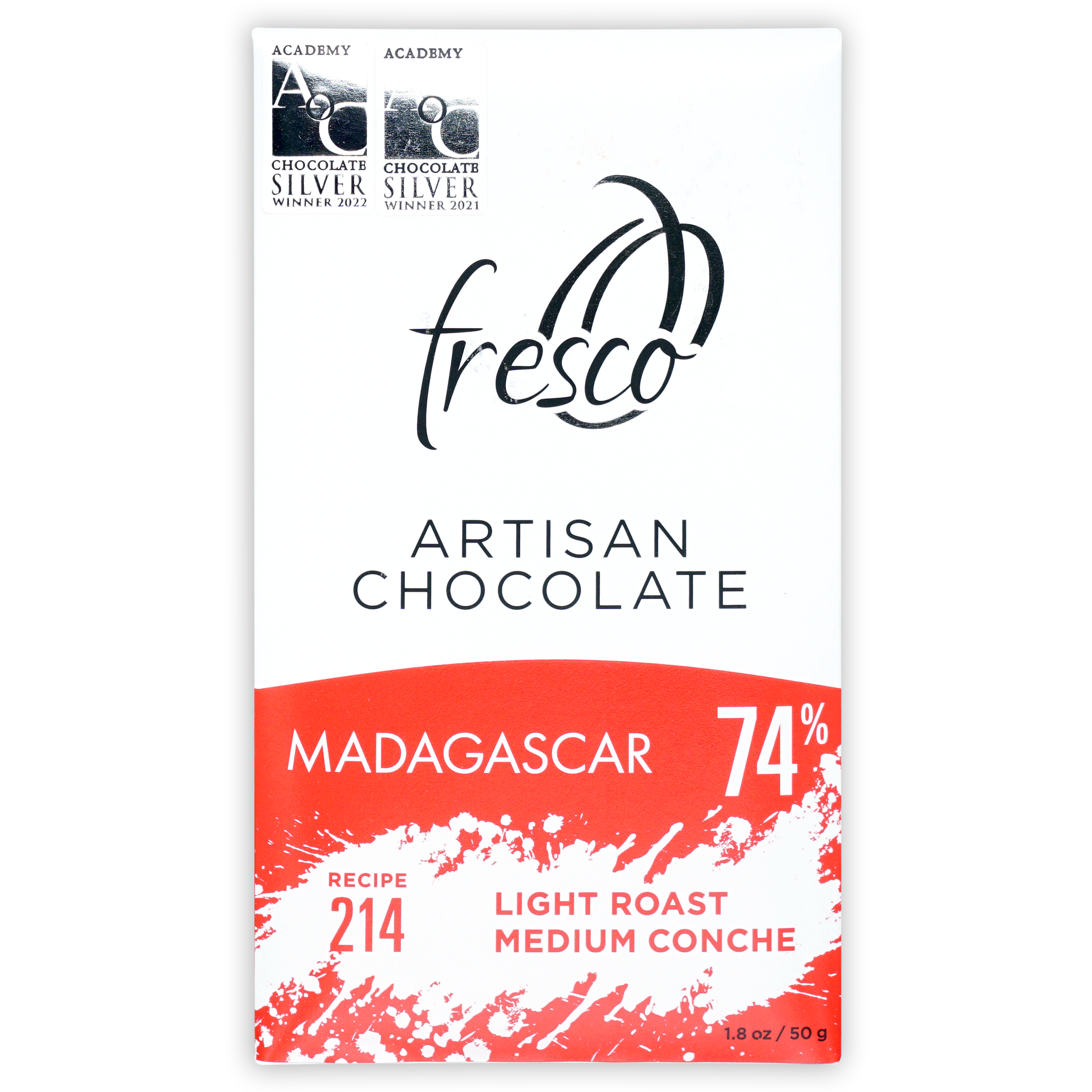 Fresco Madagascar Light Roast 74% dark chocolate bar with Academy silver winner logo