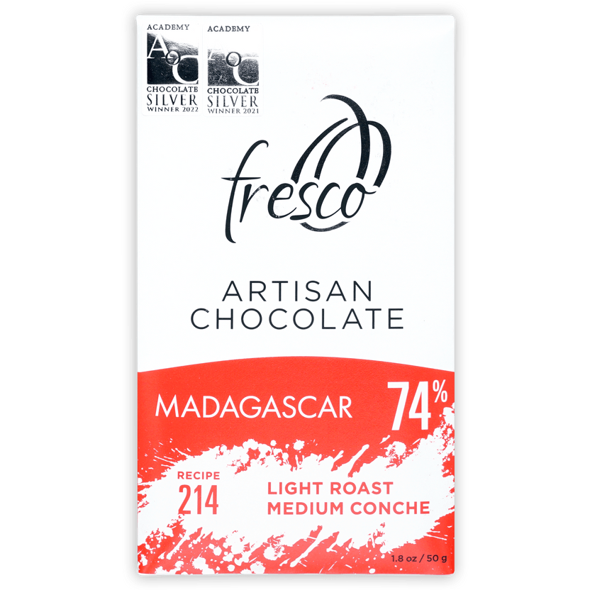 Fresco Madagascar Light Roast 74% dark chocolate bar with Academy silver winner logo