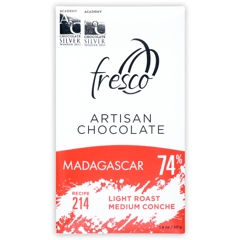 Fresco Madagascar Light Roast 74% dark chocolate bar with Academy silver winner logo
