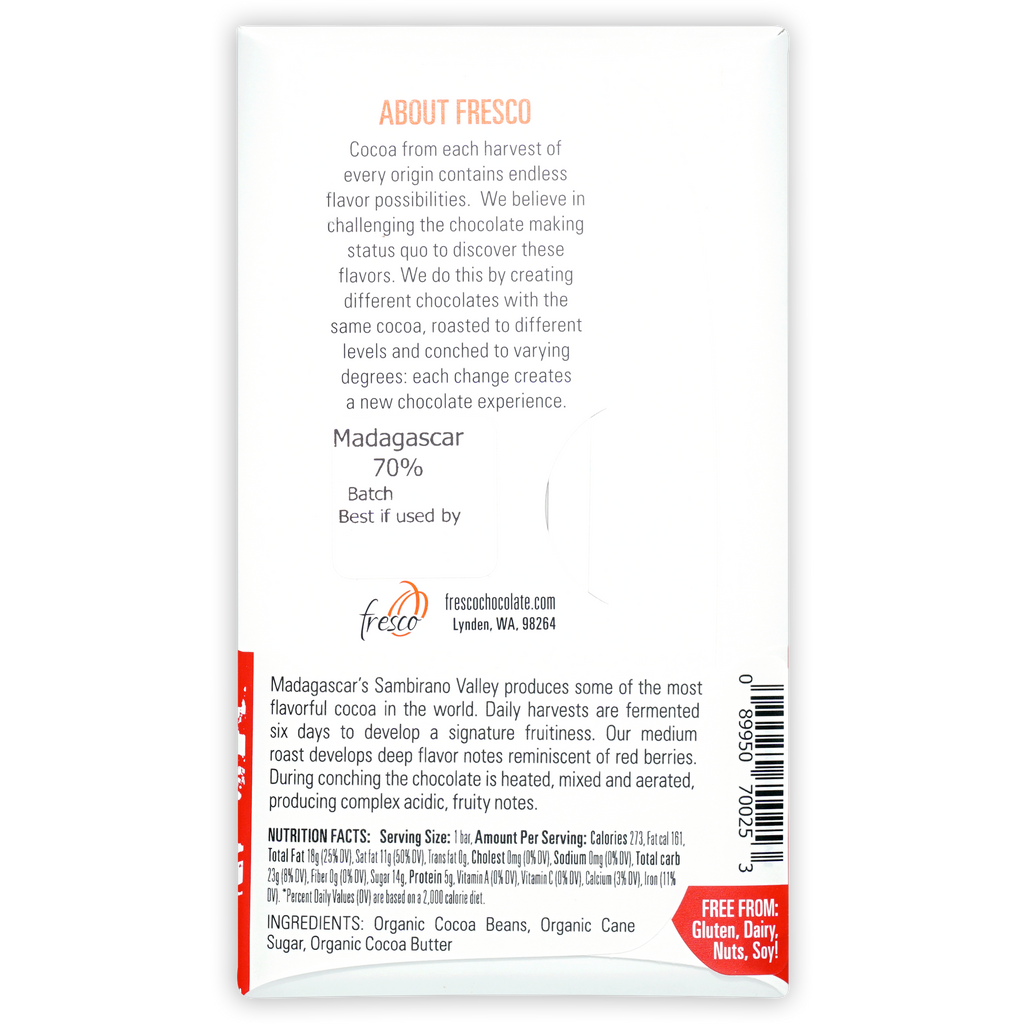 Fresco Madagascar Medium Roast 70% white wrapper with orange red accents
