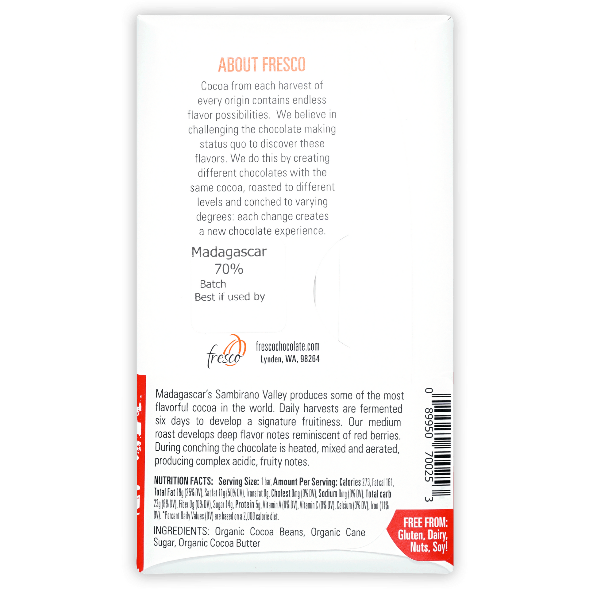 Fresco Madagascar Medium Roast 70% white wrapper with orange red accents