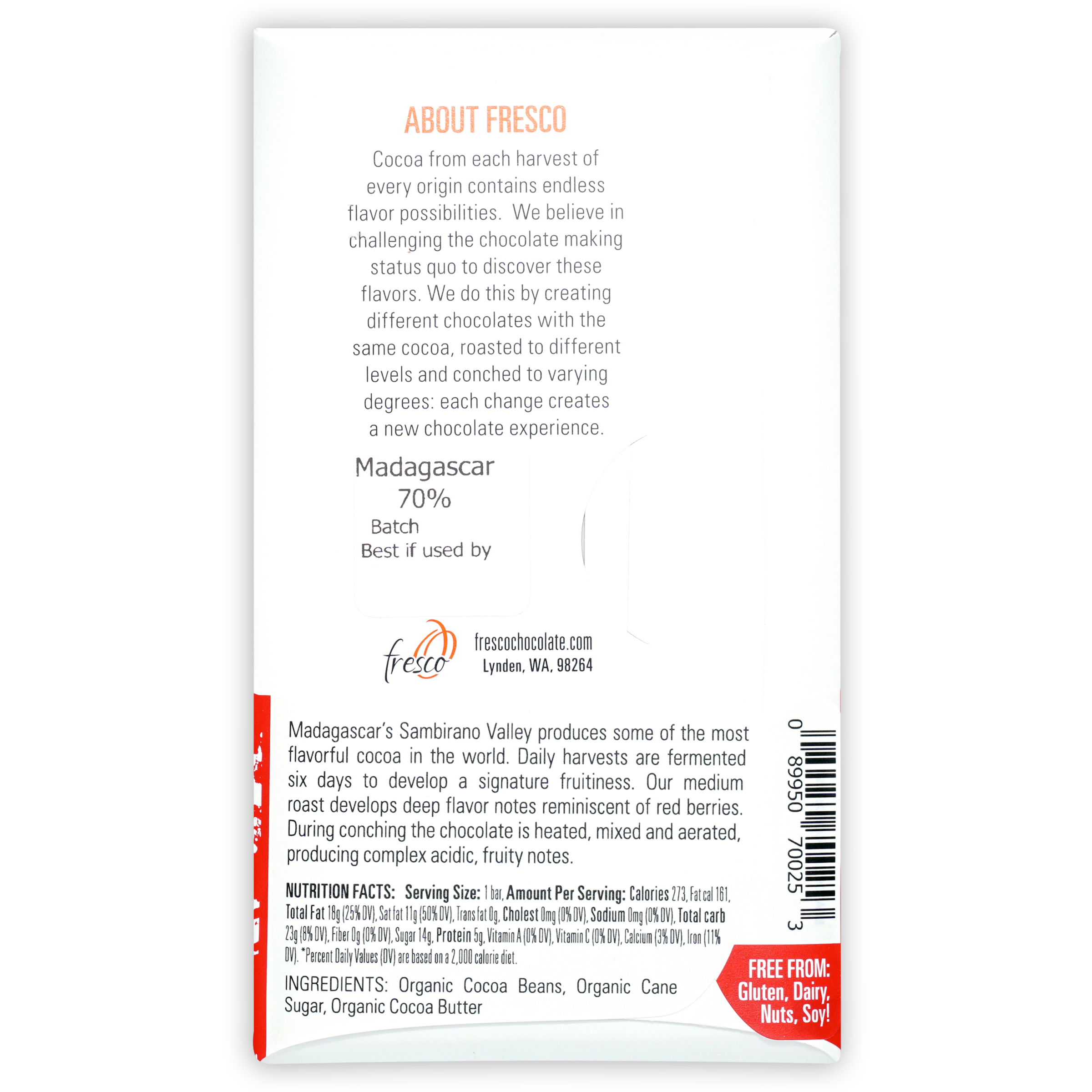 Fresco Madagascar Medium Roast 70% white wrapper with orange red accents