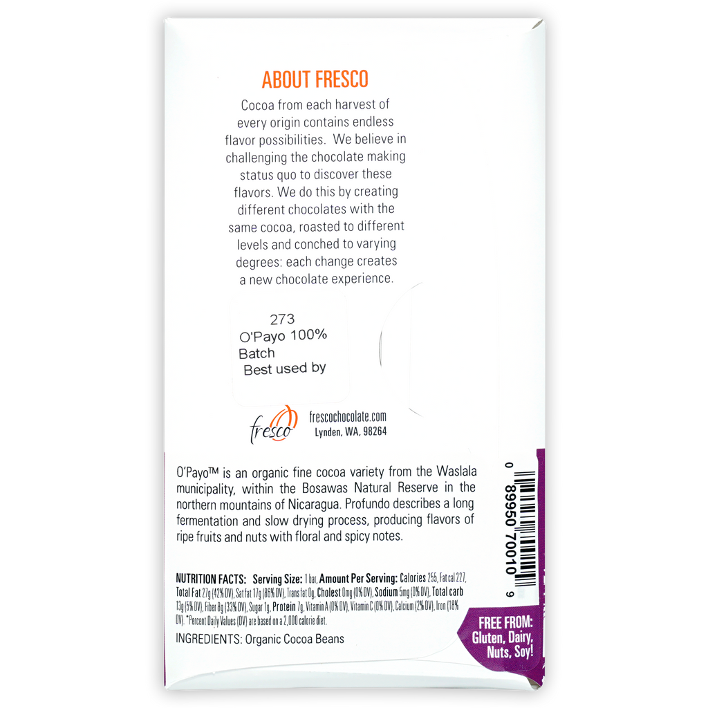 Fresco O’Payo Medium Roast 100% organic cocoa bar wrapper