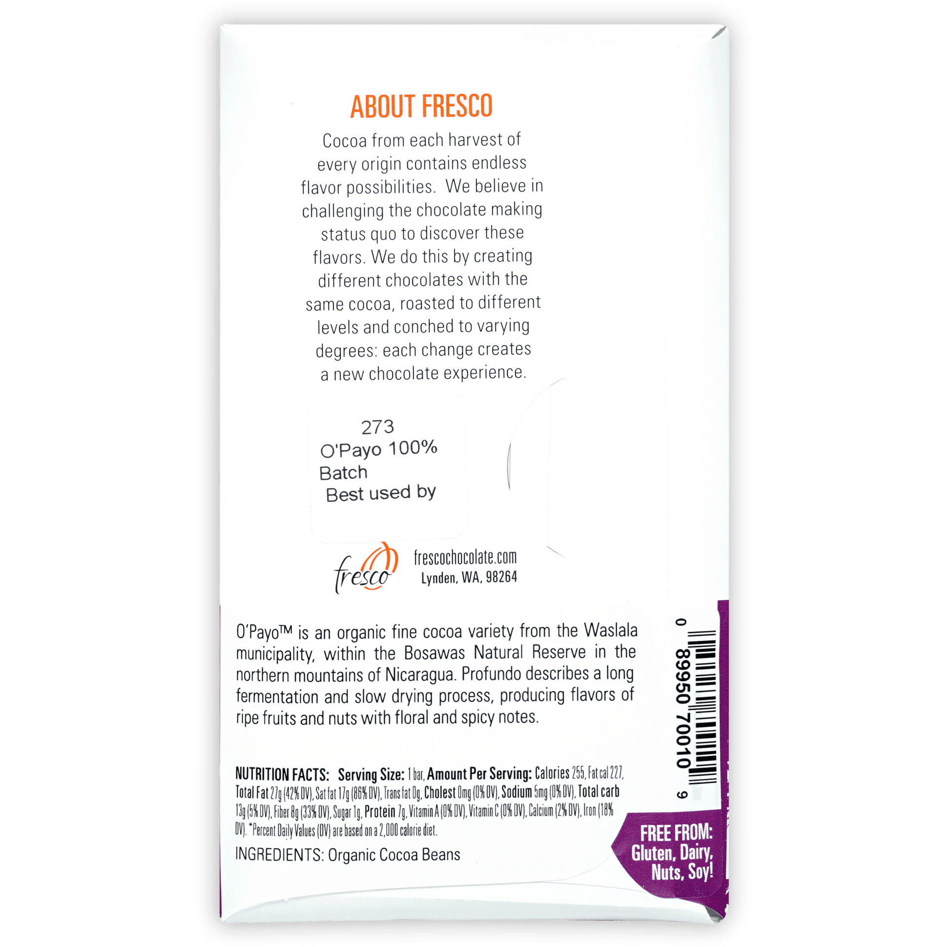 Fresco O’Payo Medium Roast 100% organic cocoa bar wrapper