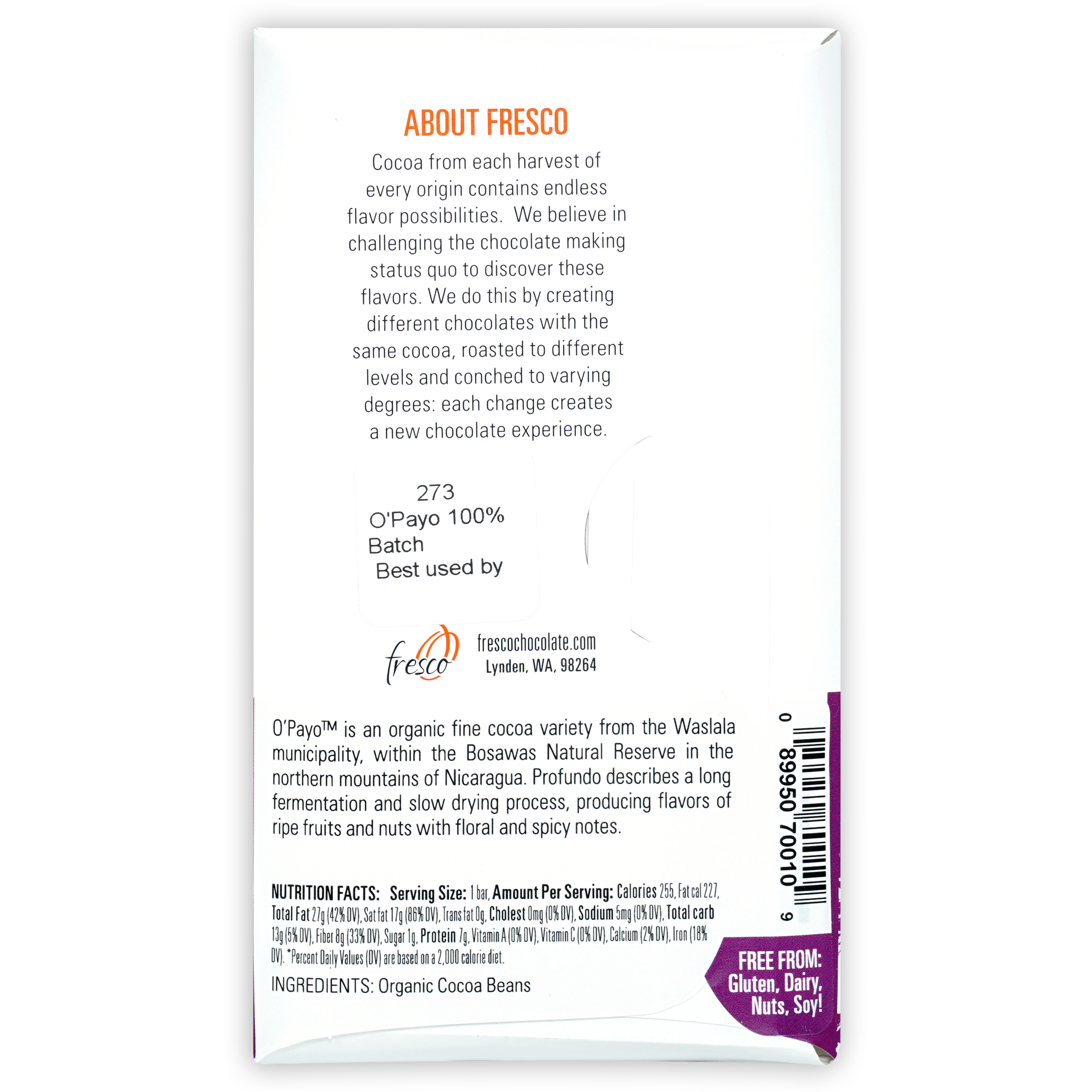 Fresco O’Payo Medium Roast 100% organic cocoa bar wrapper