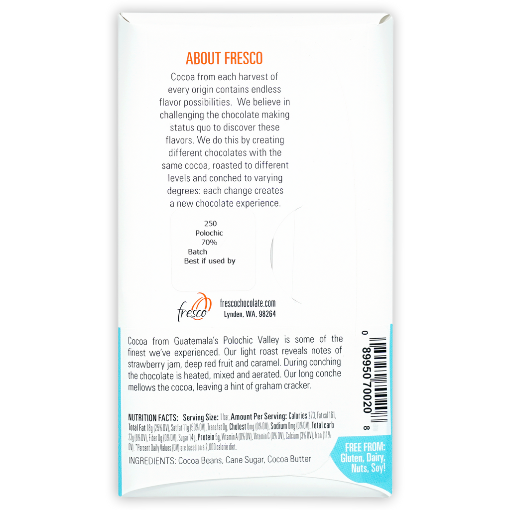 Fresco Polochic Valley Light Roast 70% dark chocolate package
