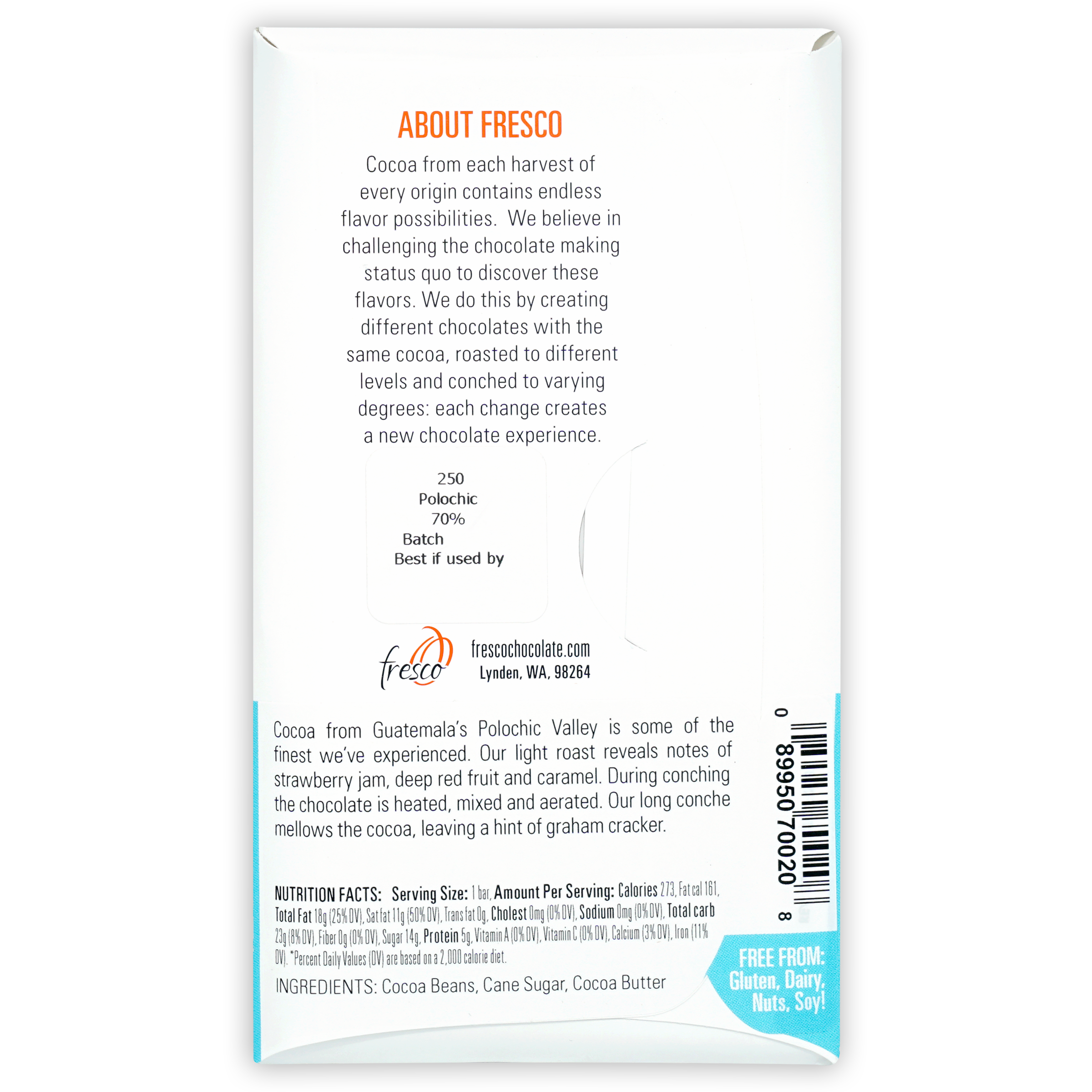 Fresco Polochic Valley Light Roast 70% dark chocolate package