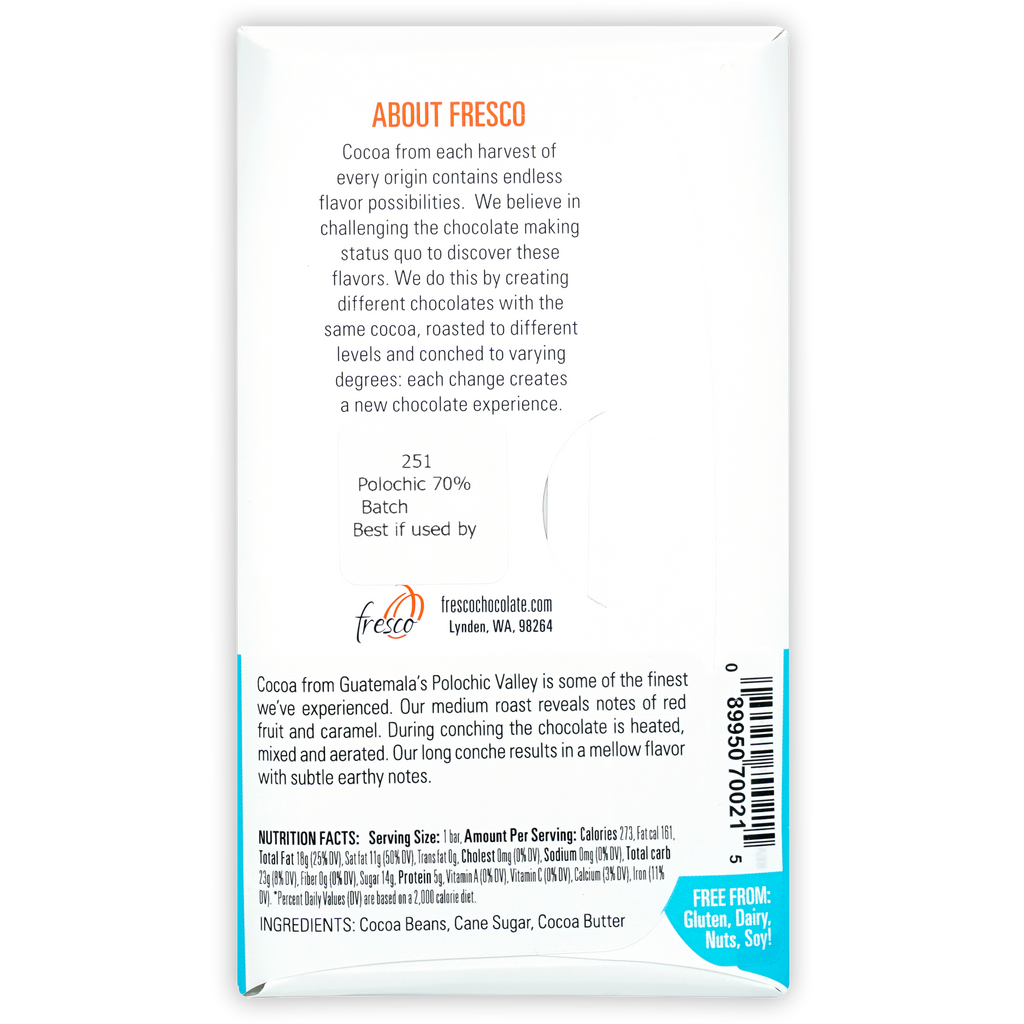 Fresco Polochic Valley 70% dark chocolate bar, white teal minimalist packaging