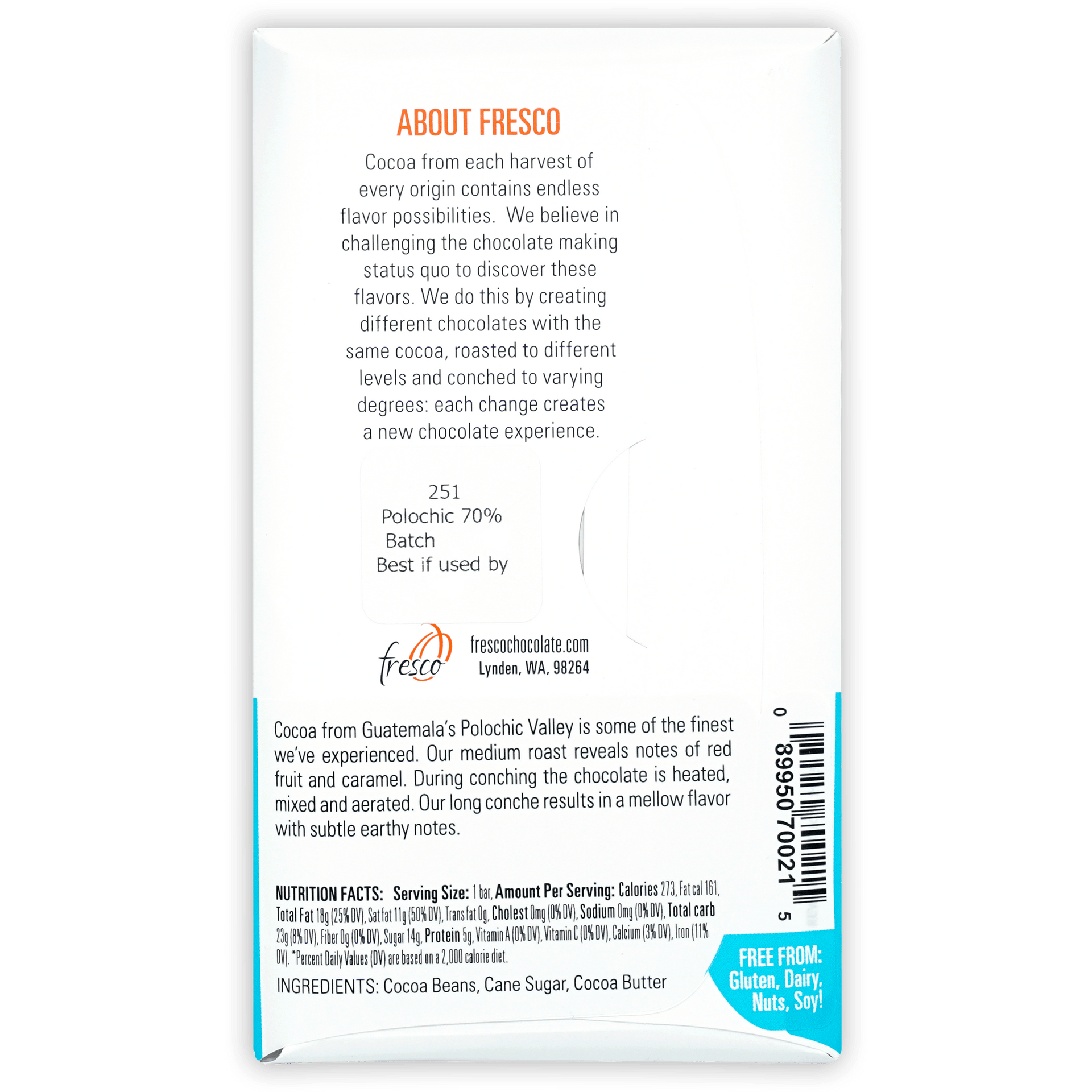 Fresco Polochic Valley 70% dark chocolate bar, white teal minimalist packaging