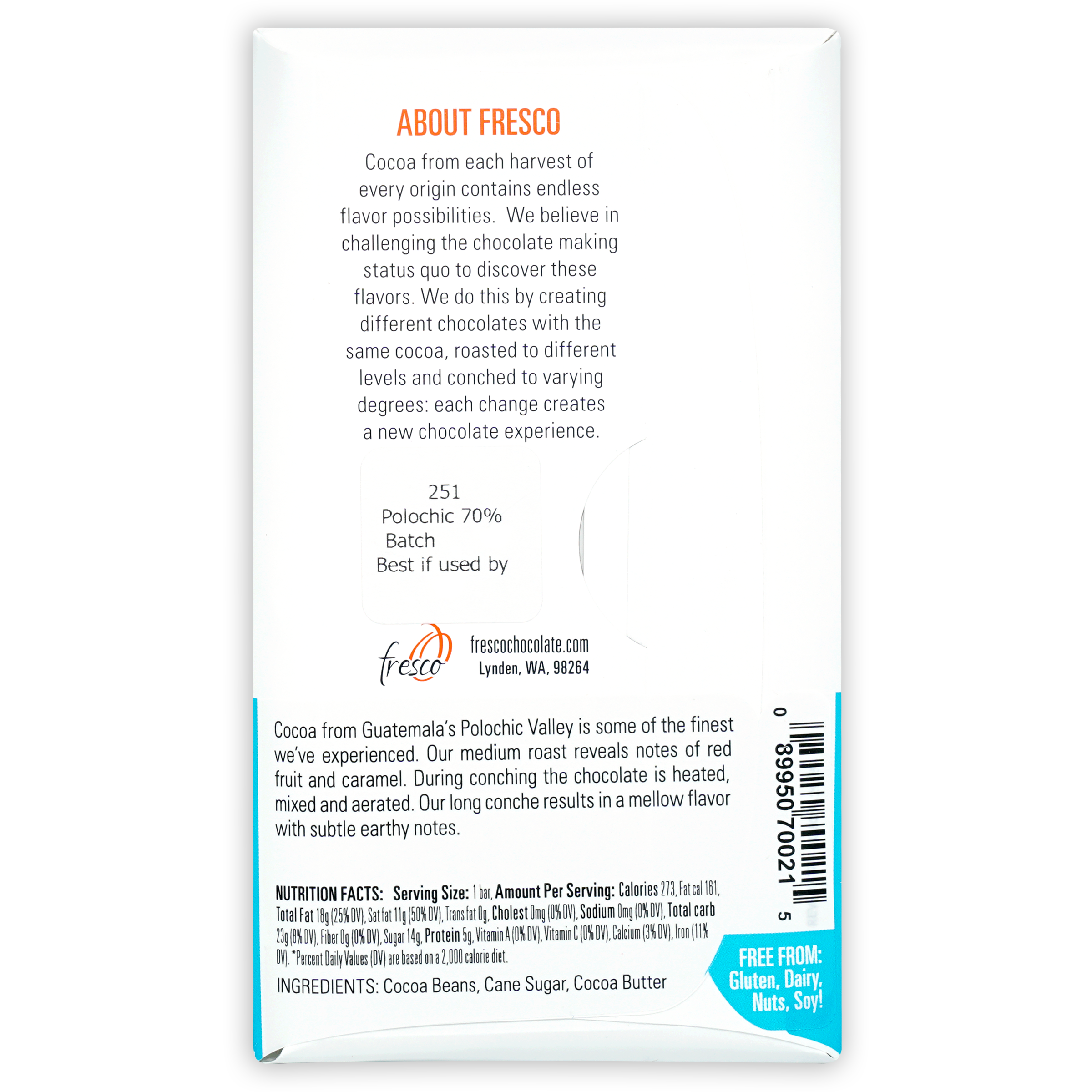 Fresco Polochic Valley 70% dark chocolate bar, white teal minimalist packaging