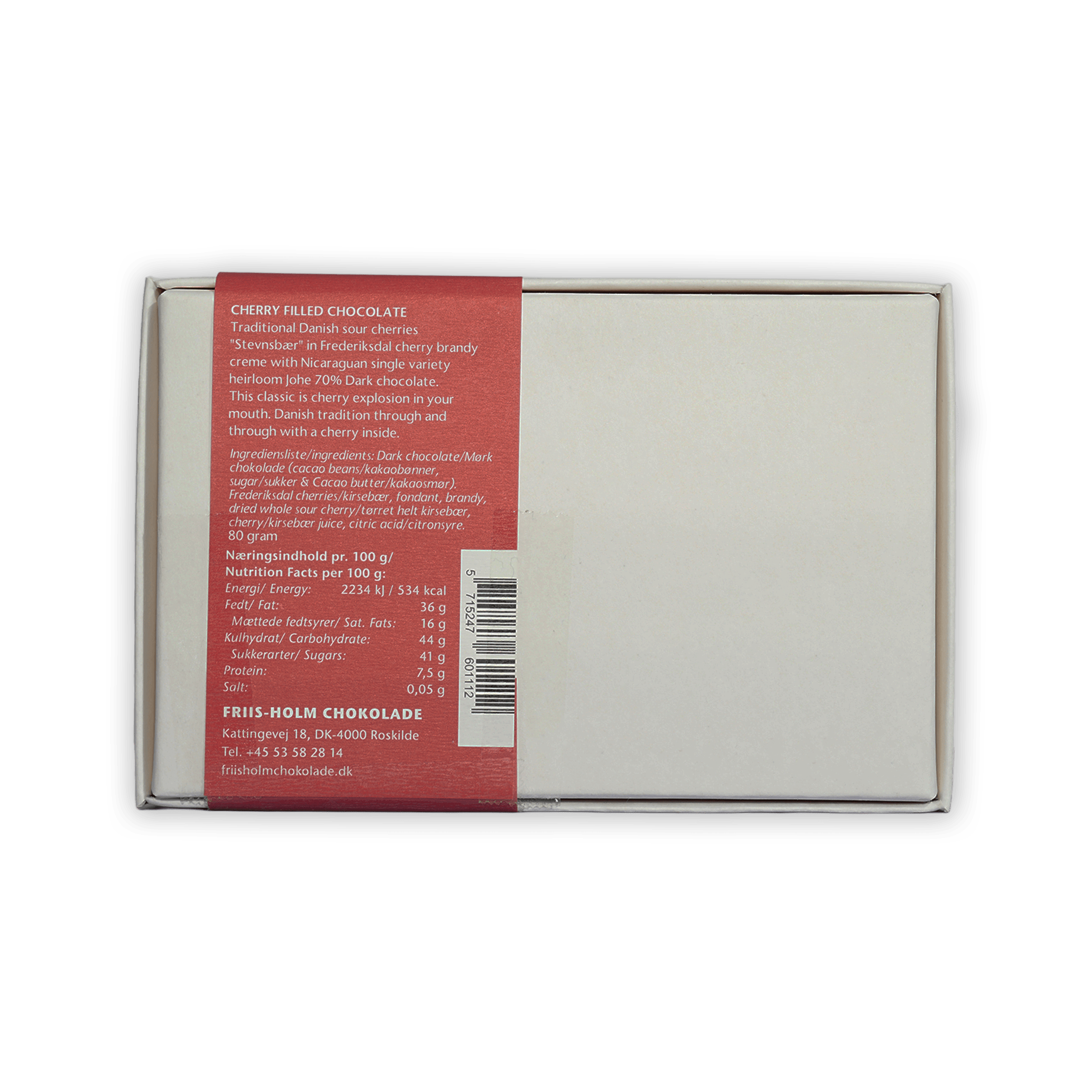 Friis Holm Frederiksdal Cherry Praline Box white with red label barcode