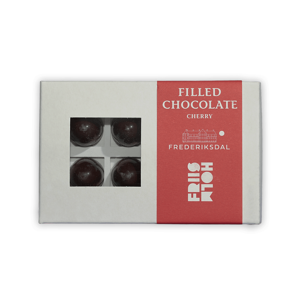 Friis Holm Frederiksdal cherry praline box with 4 glossy chocolates